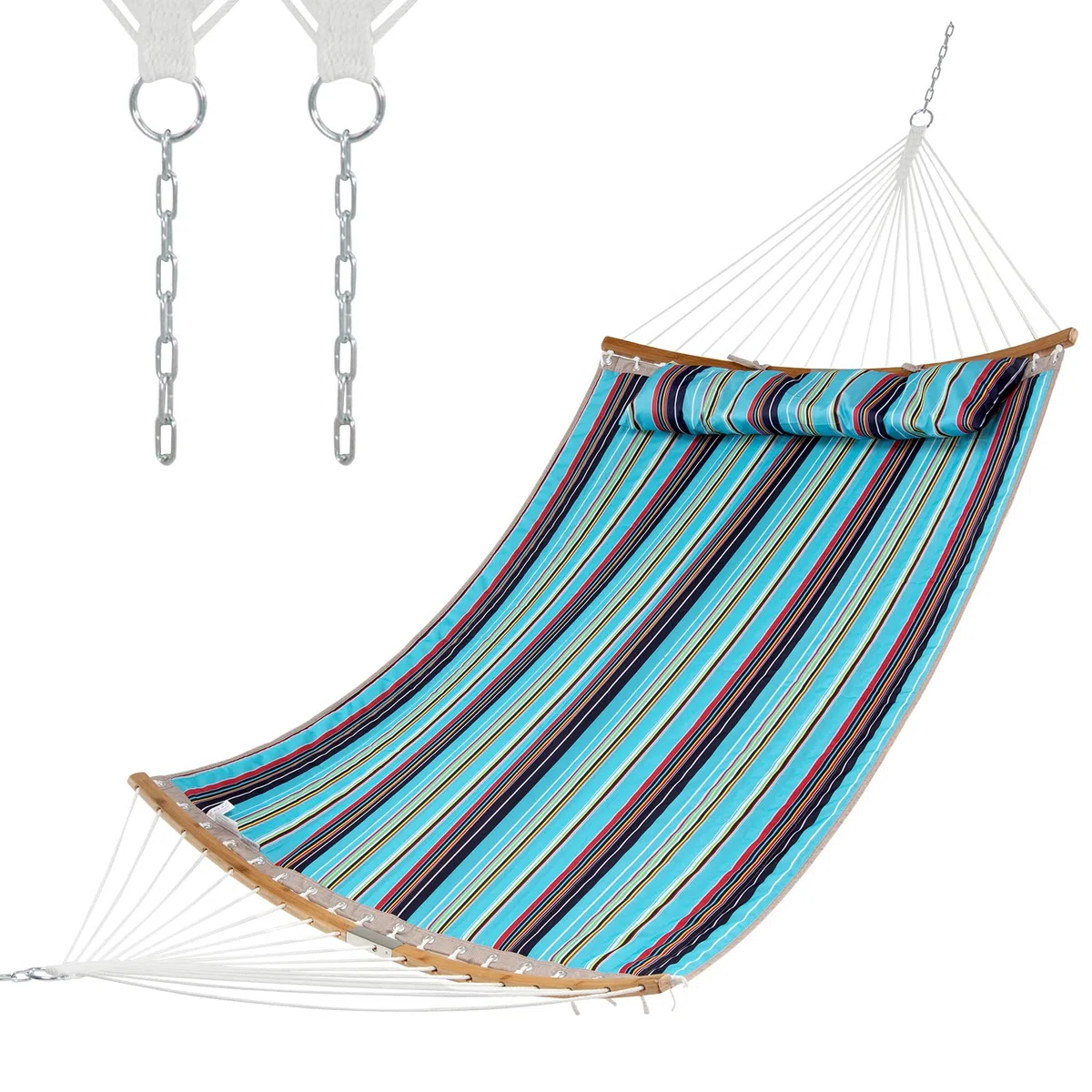 COSTWAY Hamaca Resistente, Hamaca de Exterior con Almohada Desmontable, Barra Separadora en Bambú Curvado, Hamaca Portátil para Patio Playa Jardín 189 x 135 cm, 150 kg (Azul)