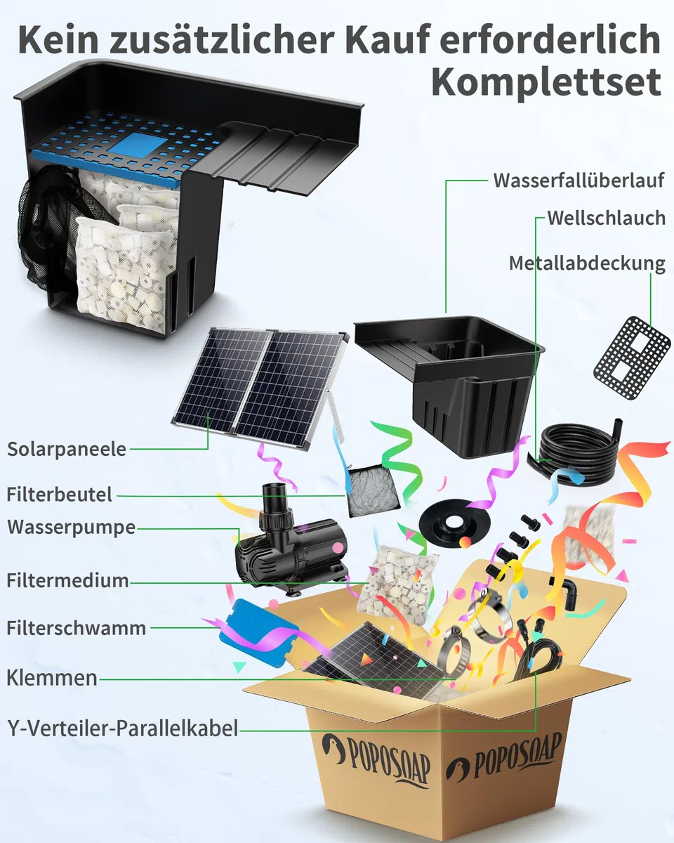 POPOSOAP Cascada Solar para Estanque con Panel Solar de 100W y Bomba de 4500 L/h, Tubo Corrugado de 3m, Material Filtrante, Cascada para Estanque de Jardín Exterior, Arroyos