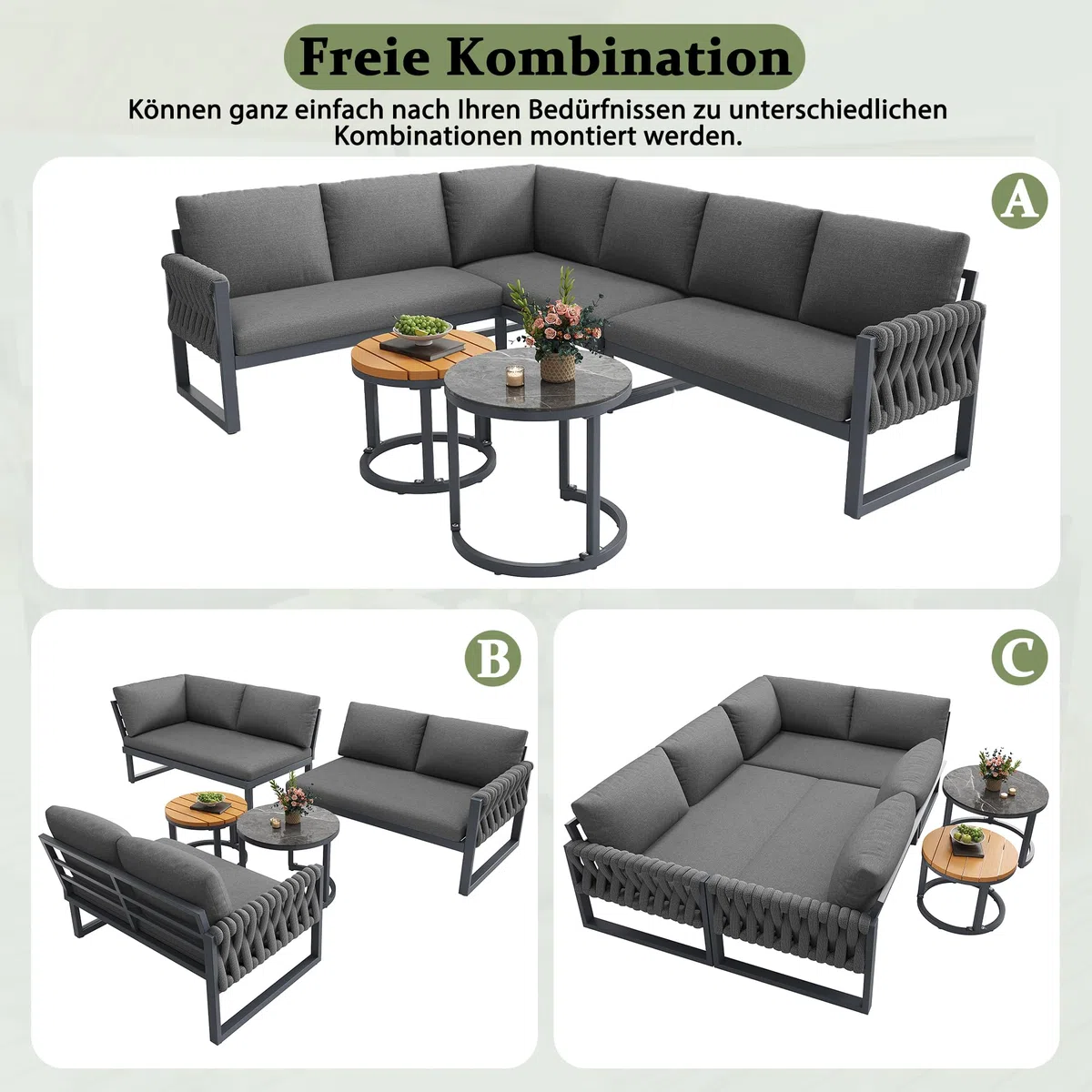 Juego de muebles de jardín con patas ajustables, cojines impermeables y desmontables, juego de salón de jardín para 5-6 personas, modular para balcón, jardín y terraza, incluye todos los cojines de