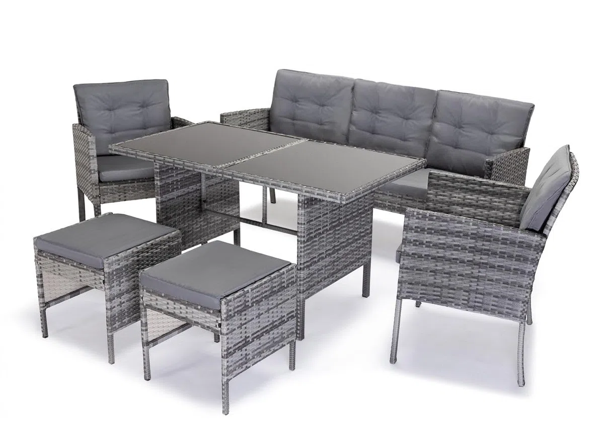 S & S Saldos y Stocks Sofa + Mesa + 2 Sillones + 2 pufs Ratan PE. Muebles de Jardin y Terraza Andy, Ratan Gris