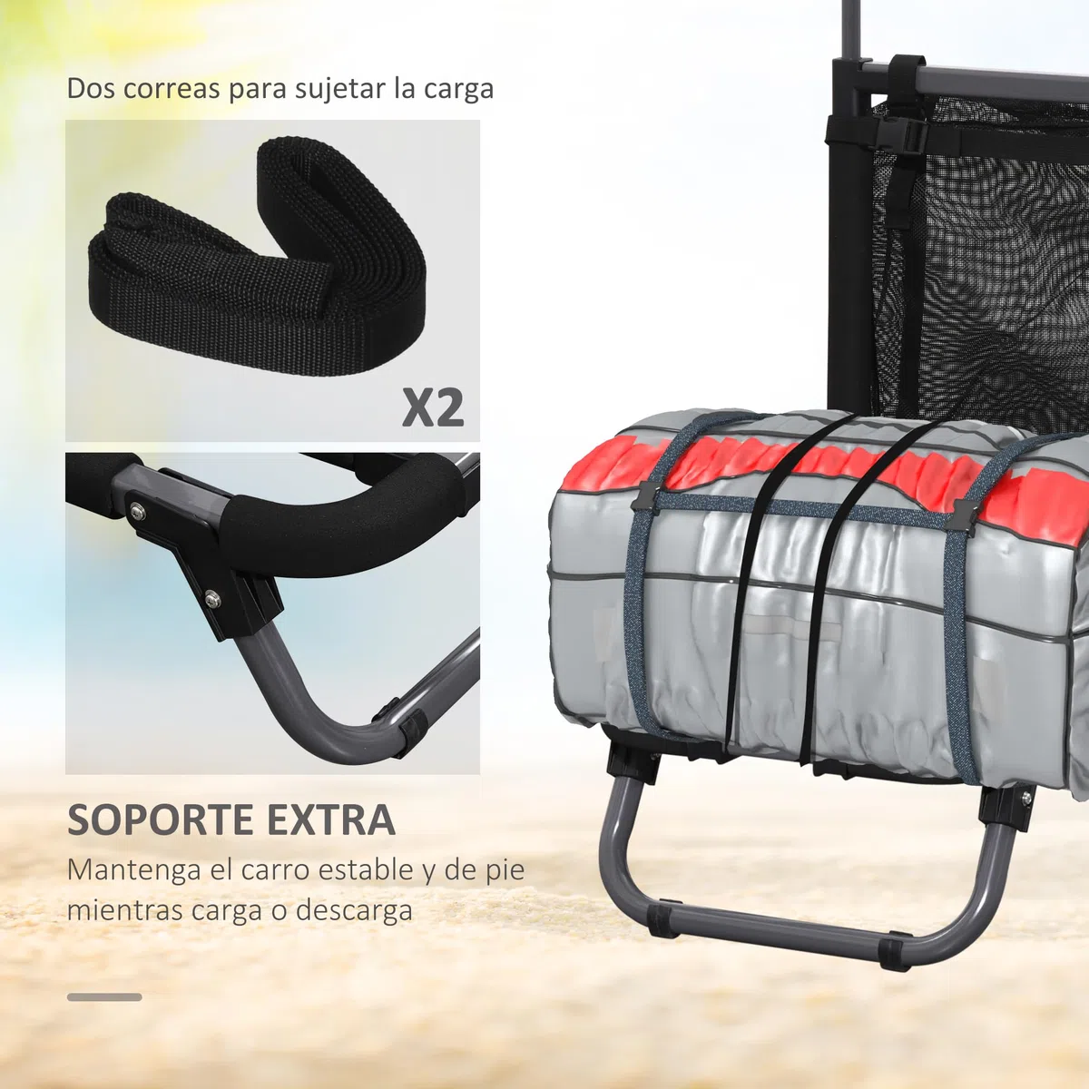 SPORTNOW Carro Playa Plegable, Carro Transporte con Grandes Ruedas de 30 cm para Todo Terreno, con Bolsillo de Malla y Mango Telescópica de Aluminio, para Jardín, Campaña, Compra, Carga 150 kg, Gris