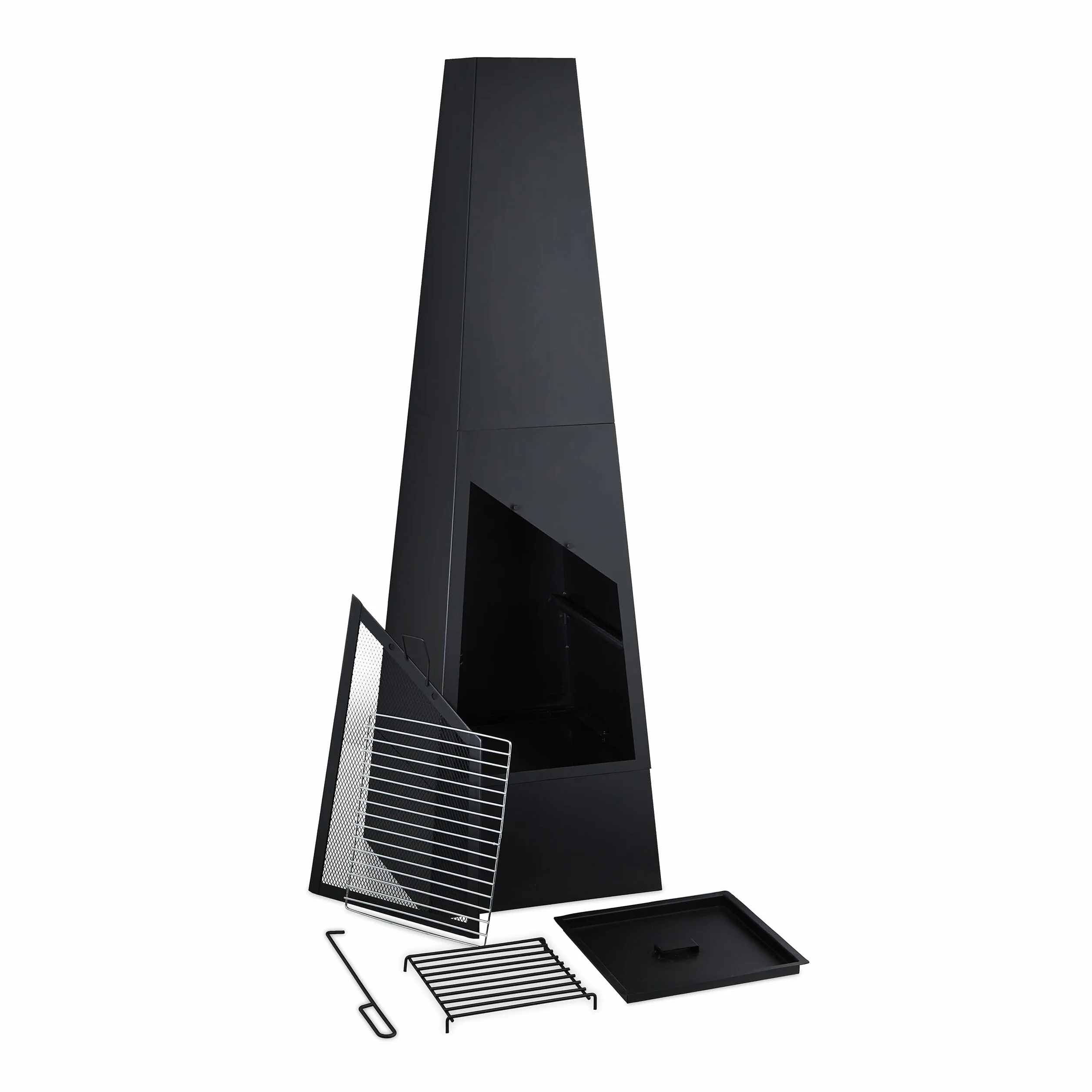 Relaxdays Chimenea Exterior con Barbacoa, Caja Cenizas, Salvachispas, Atizador, Parrilla Jardín, 149x44,5x44,5 cm, Negro