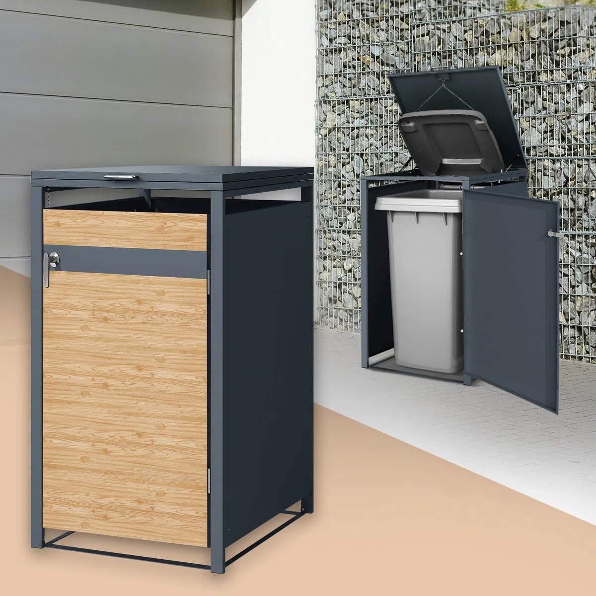ML-Design Cobertizo de Exterior para 1 Cubo de Basura de 240L 68x80x116,3cm Antracita con Aspecto de Madera de Alerce Mueble Cubre-Contenedor de Acero Resistente con Tapa y Puerta con Cerradura