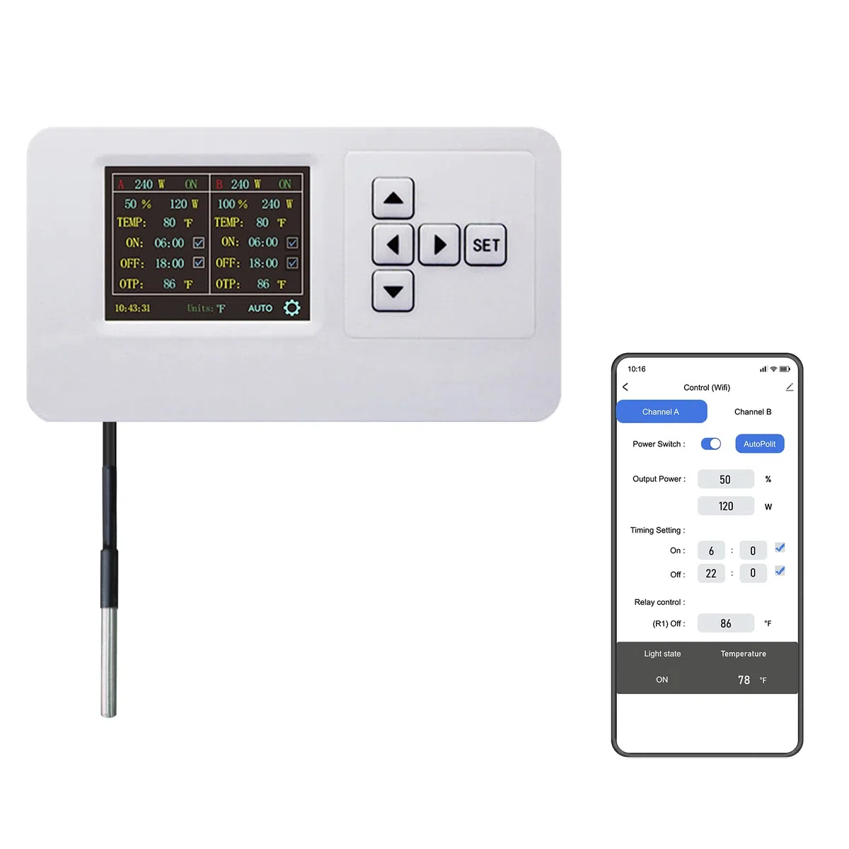 VBR-C200 Controlador de luz de Crecimiento WiFi 0-10V Temporización Encendido | Apagado, Potencia%, Puesta de Sol Amanecer, luz de Alta Temperatura apagada, 2.4G.RJ11,RJ14.