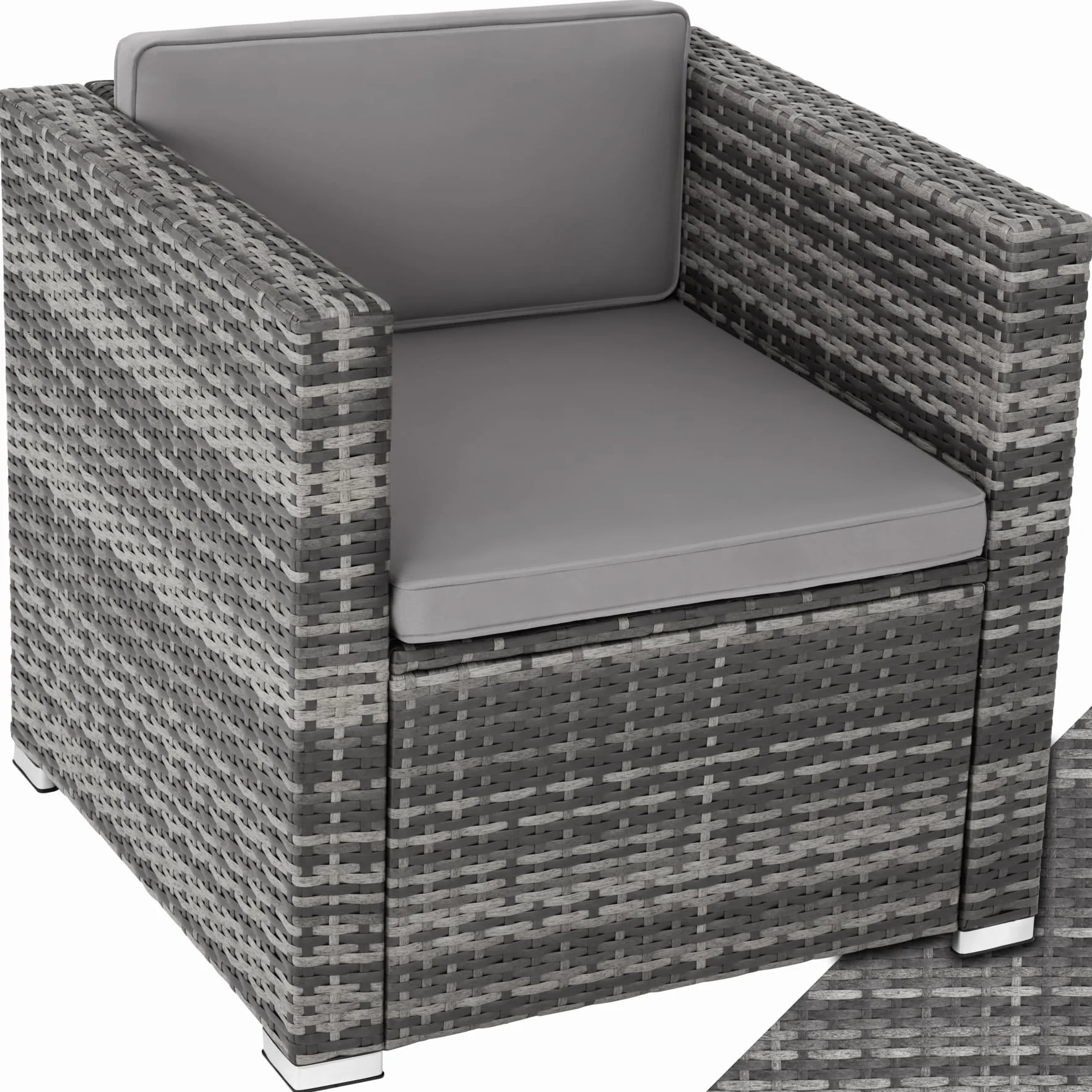 tectake® Sillón de Ratán y Acero con Reposabrazos, Mueble Jardín Exterior Resistente a la Intemperie, Sillón para Conjunto Jardín Exterior, con Cojines, Fundas Extraíbles, Fácil Montaje - gris