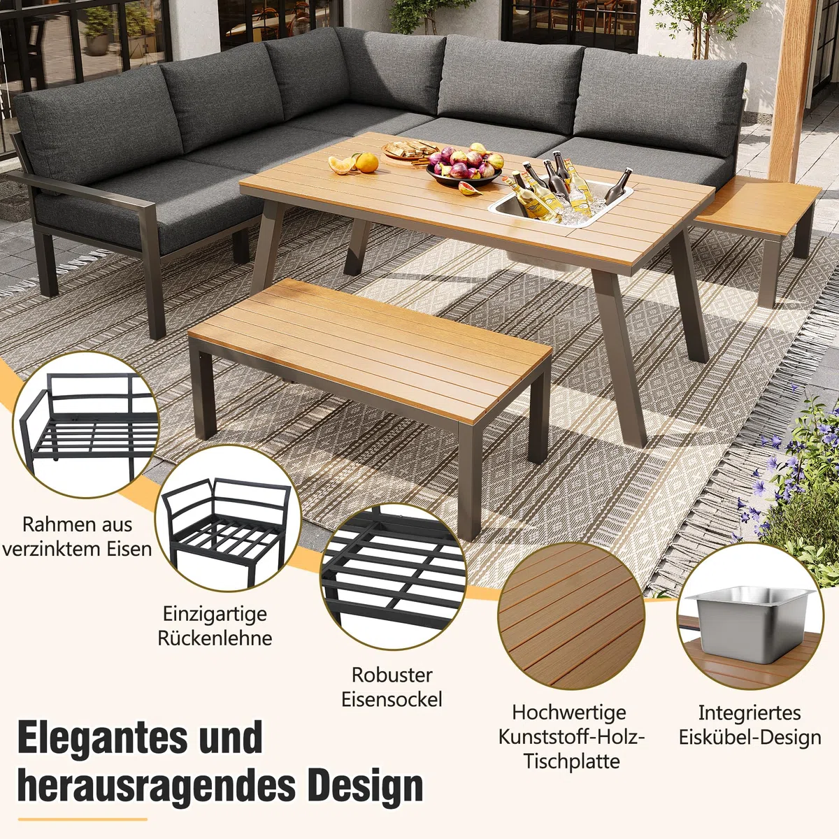Juego de salón de jardín para 6-7 personas, adecuado para jardín, balcón, terraza, grupo de asientos resistente a la intemperie, moderno juego de muebles de jardín, estructura de hierro
