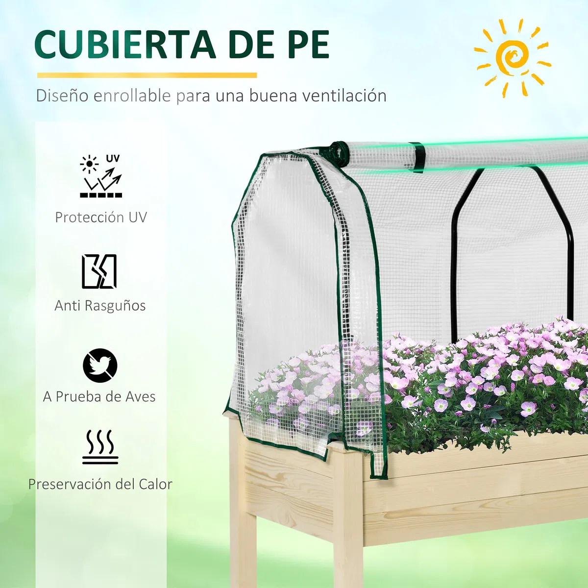 Outsunny Huerto Urbano Elevado de Madera 121x55x117 cm con Cubierta de Protección Mesa de Jardinera para Cultivo Flores Vegetales en Jardín Terraza Color Natural