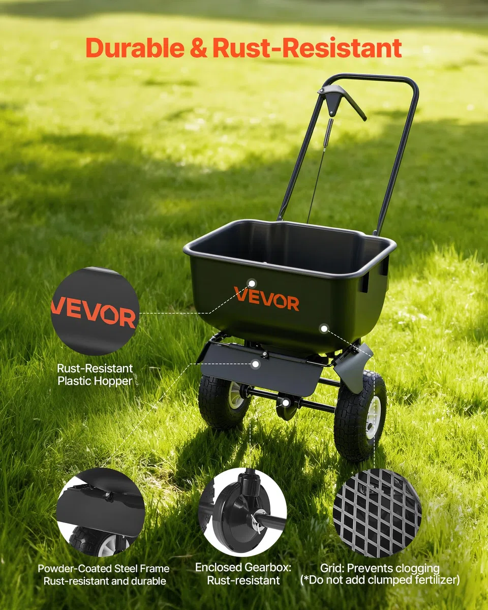 VEVOR Carro Esparcidor Manual, Ancho de Esparcimiento de 3,6 m, Sembradora de Semillas, Capacidad de Carga 36,3 kg, Distribuidor para Abono Turba Fertilizante Cal y Sal Arena, para Jardín Carretera