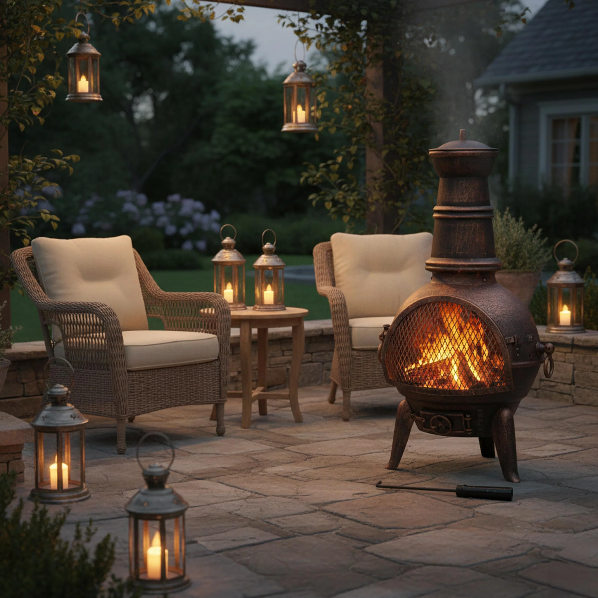 Relaxdays Chimenea Exterior, Estufa Terraza, con Atizador, Hierro Fundido, Protección Antichispas, 86x46x38 cm, Bronce