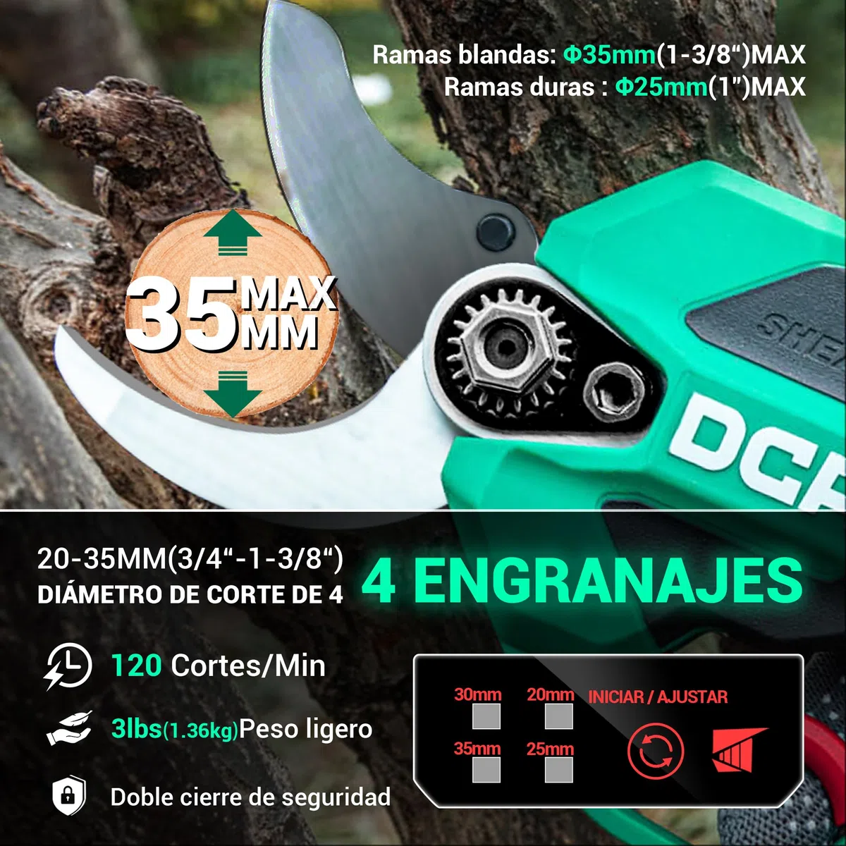 DCA Tijeras de Podar Eléctricas 20V, máx 35mm Tijeras de Podar Bateria hoja SK5, Motor Sin Escobillas con 2,0Ah Batería, con estuche de seguridad portátil para Jardinería, Árboles Frutales, Viñedos