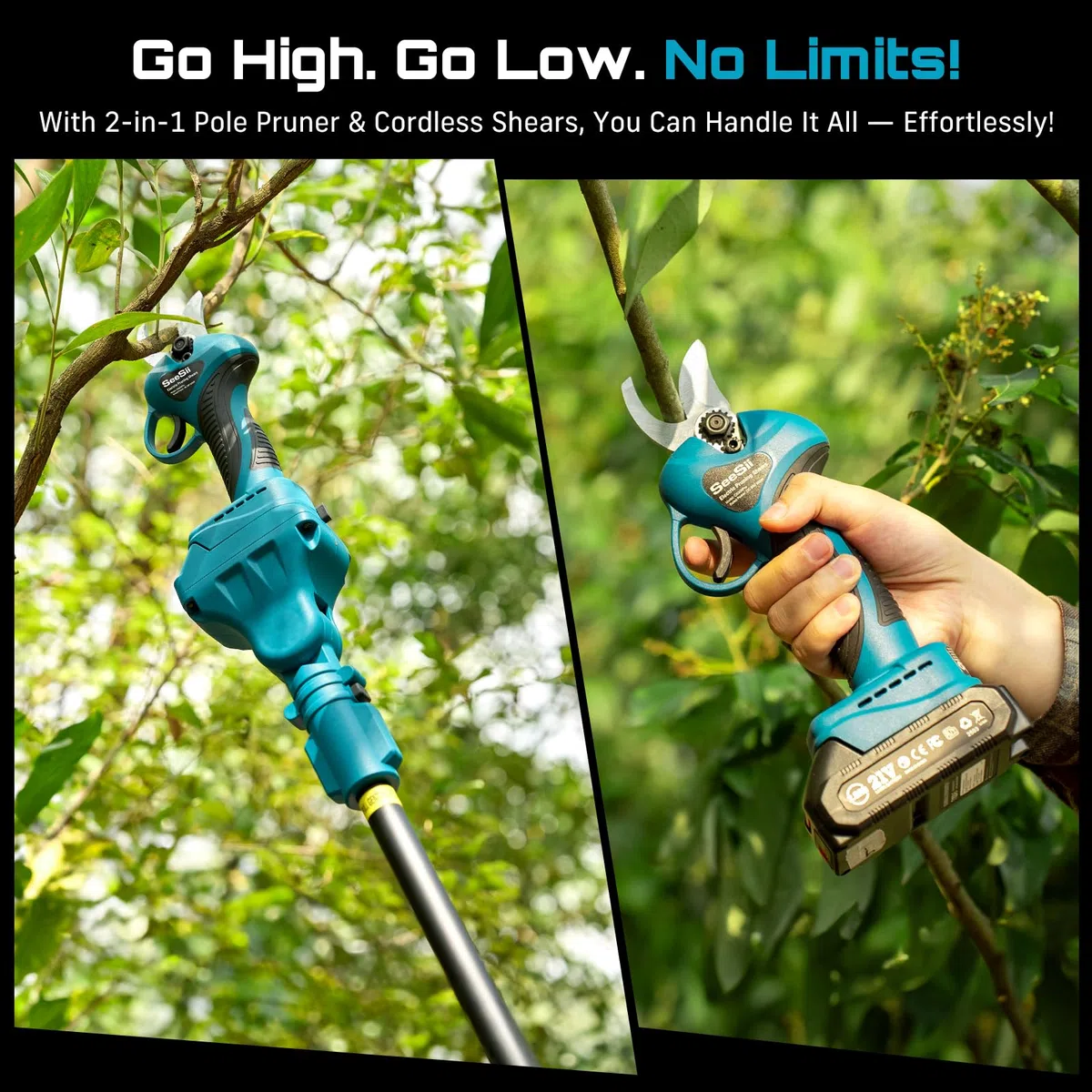 Seesii Tijeras de Podar Eléctricas con Batería, 2 in 1 Seesii 33 mm Podadora Telescópica con 2.4M Pértiga de Extensión, 2x2000mAh Batería, Podadora de Jardín Eléctrica para Jardineria, Olivos