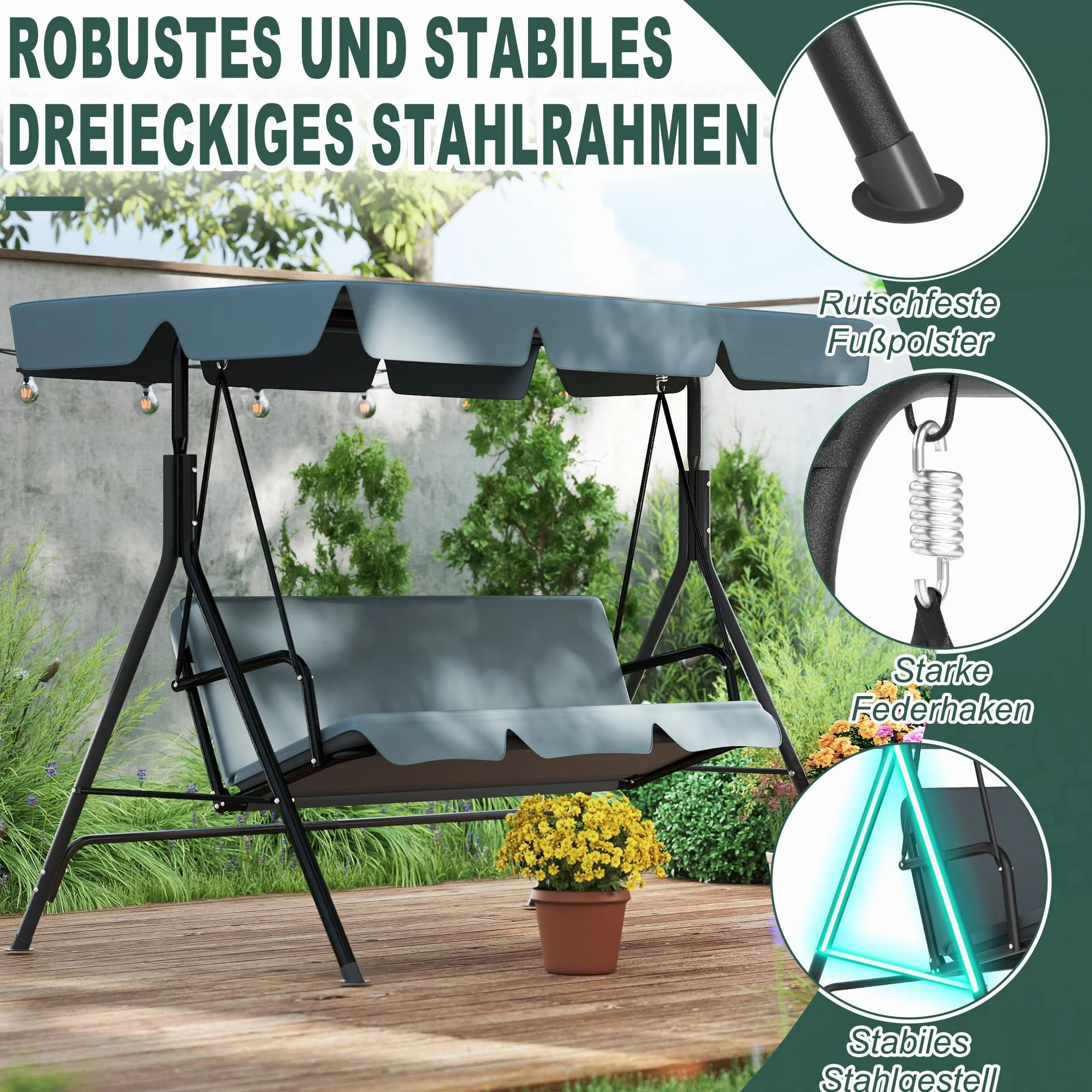 Froadp Columpio de jardín para exteriores con techo, 3 plazas, soporta hasta 200 kg, resistente a la intemperie, columpio para adultos en el jardín, balcón, terraza, 176 x 110 x 152 cm, antracita