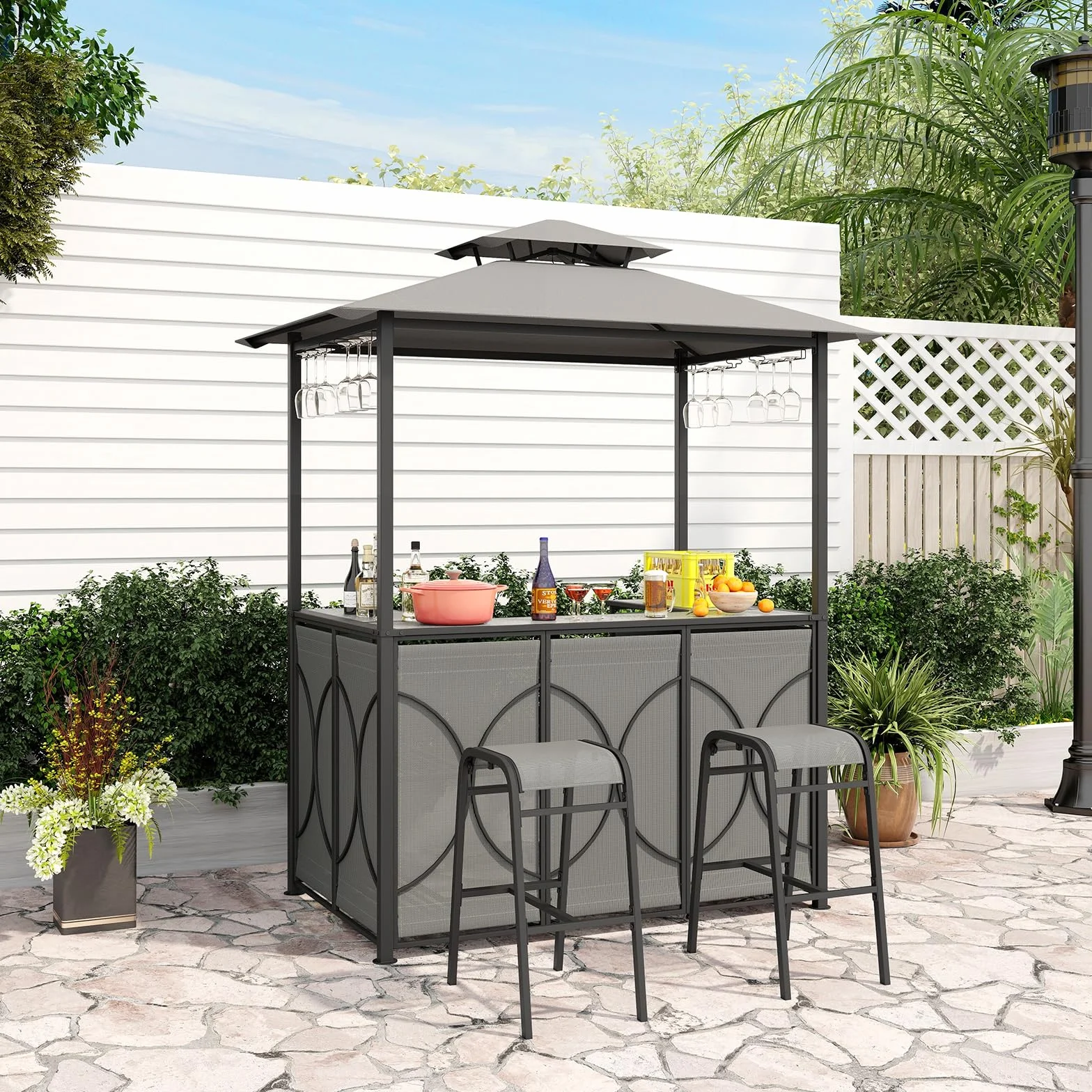 GOPLUS Cenador para barbacoa, doble techo con cristal templado, mesa de bar, 2 taburetes, soportes de cristal, 2 estantes, toldo para barbacoa, resistente a la intemperie, para exterior, jardín, patio