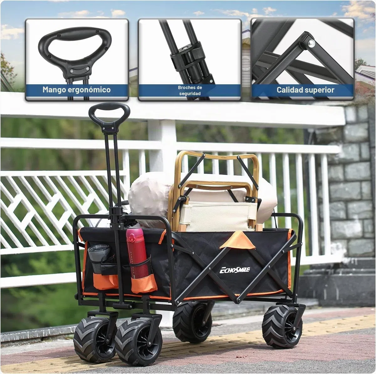 EchoSmile Carro Plegable 200L 160kg - Carrito con Ruedas Goma Maciza 360° Todo Terreno con Frenos, Asa Ergonómica, Carro de Playa Camping Jardín Compras