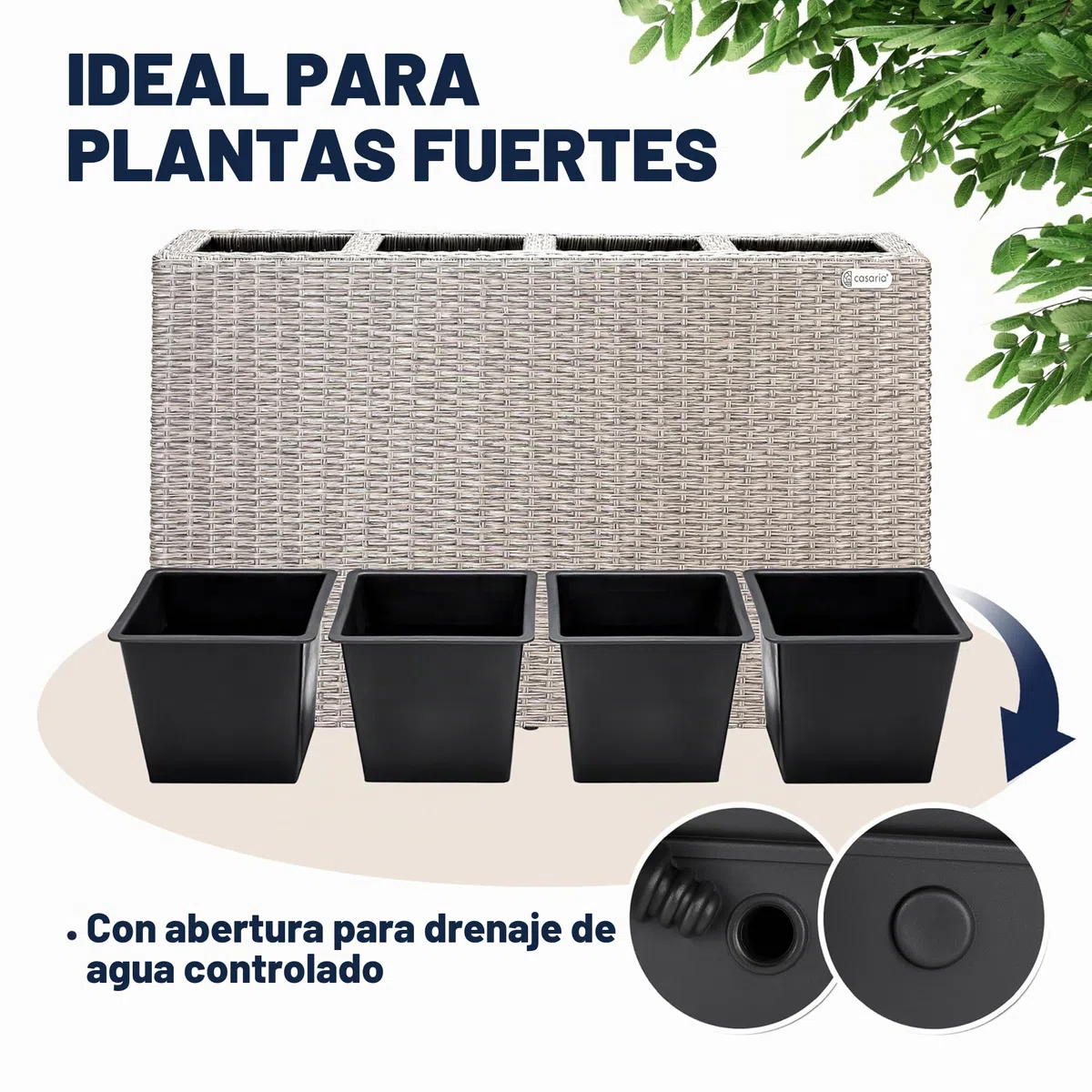 CASARIA Macetero de Poliratán para Exterior jardín 4 Macetas Drenaje de Agua 95 x 27 x 60 cm Jardinera Crema