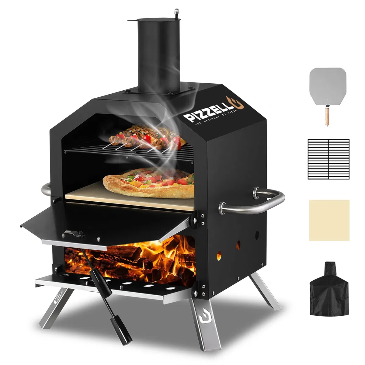 Pizzello Horno de pizza al aire libre de 2 capas de leña, horno de pizza exterior de 12 pulgadas con piedra, pelador de pizza, cubierta, estante de cocina extraíble para camping, patio trasero,