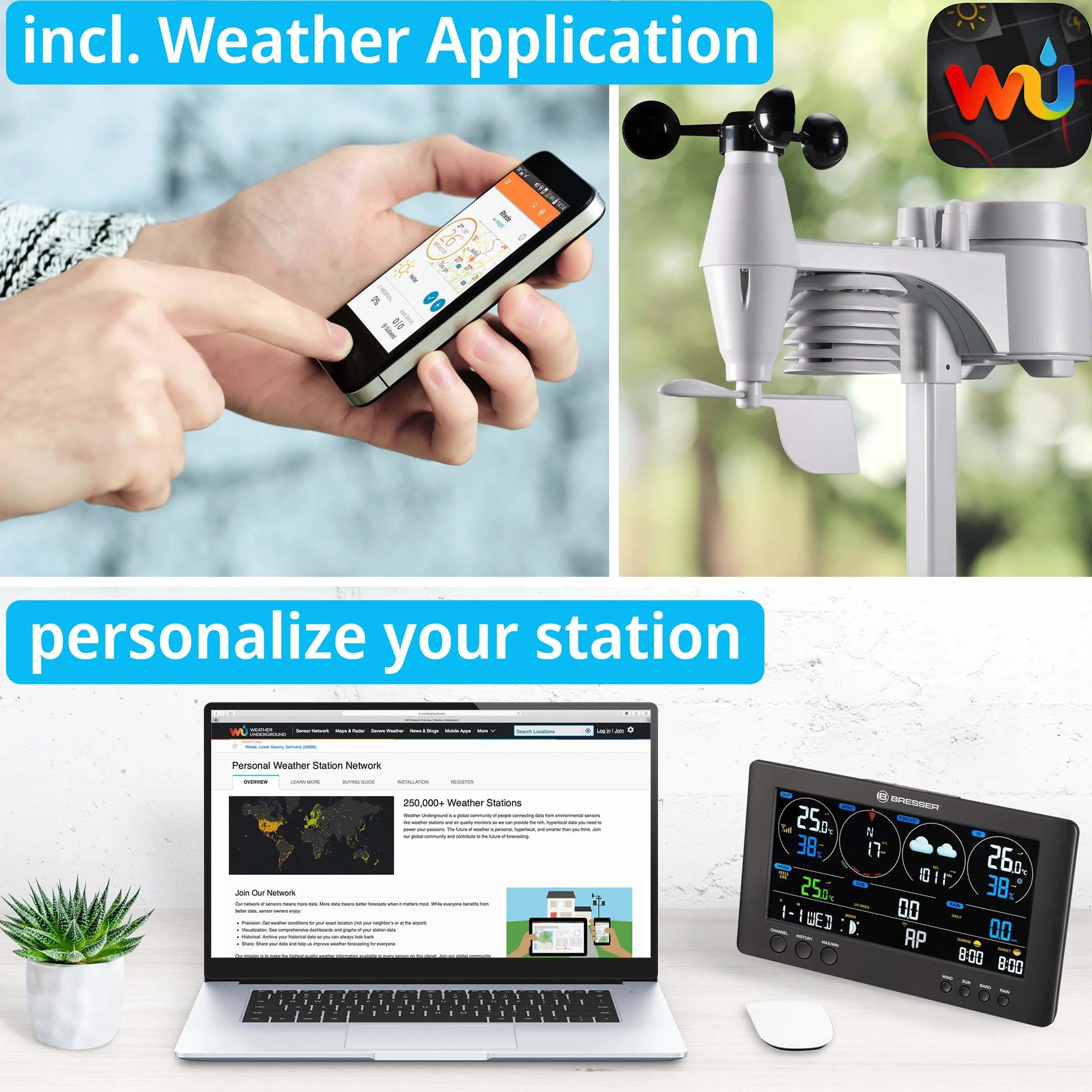 Bresser Estación meteorológica radiocontrolada con sensor exterior, centro meteorológico con WLAN 7 en 1 para medición de viento, humedad, temperatura, nivel de radiación e intensidad de la luz