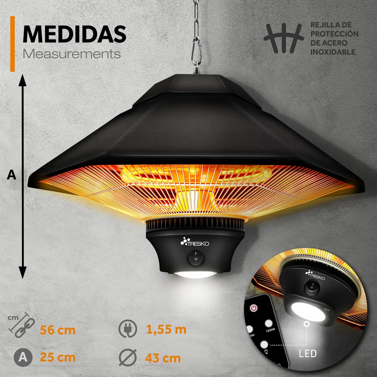 TRESKO Calefactor por Infrarrojos de Pared | 1200W + Control Remoto + Pantalla LED | Estufa Radiante de Terraza con 2 Temperaturas | Radiador Eléctrico para Exterior e Interior | Calentador de Techo
