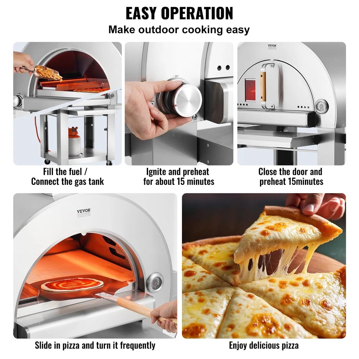VEVOR Horno de Pizza de Combustible Dual para Uso al Aire Libre, Horno de Pizza para Exteriores Alimentado con Pellets y Gas con Piedra de Pizza de Cordierita Espesa, 1520 x 915 x 1830 mm, Plata