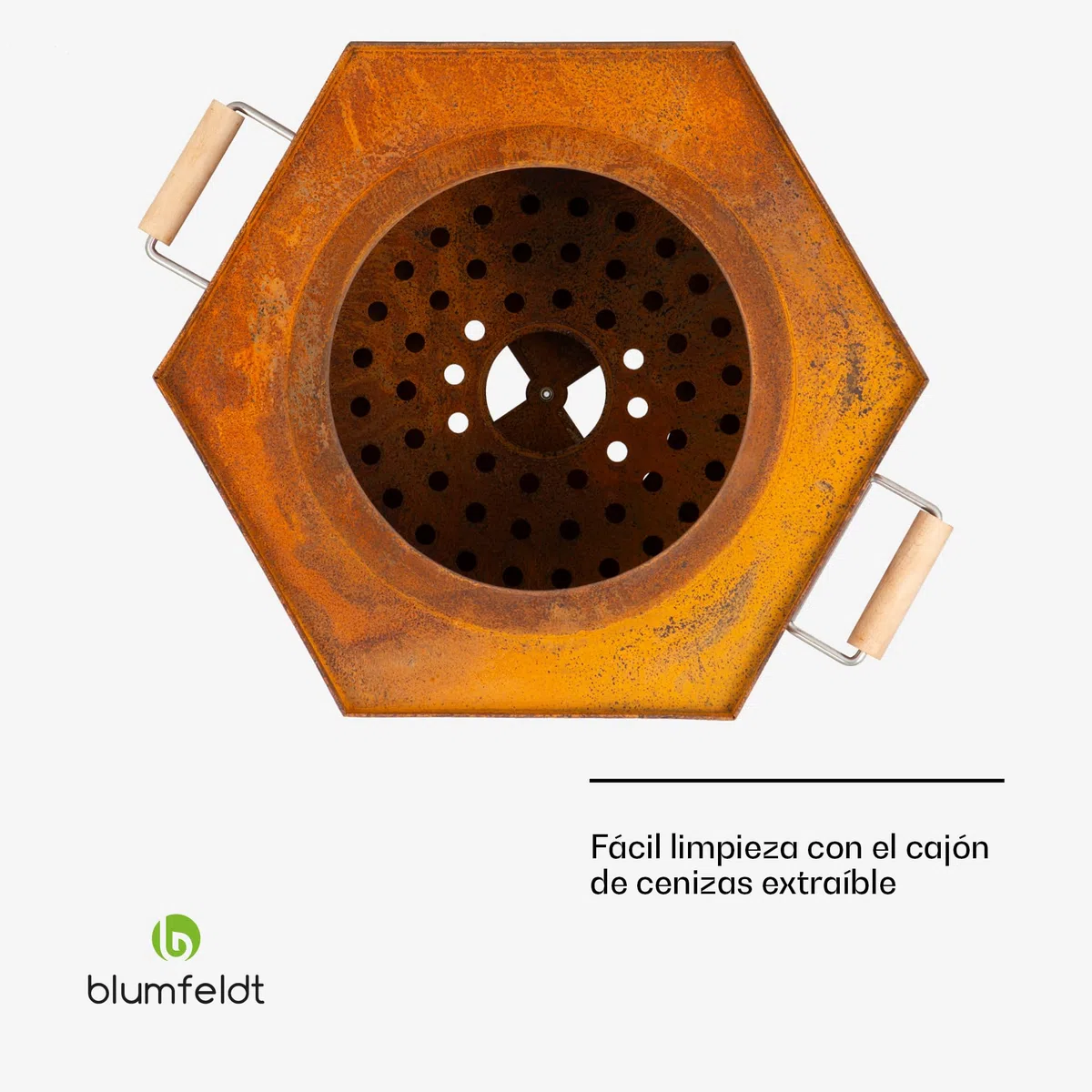 Blumfeldt Cuenco de Fuego, Hoguera móvil con Cubierta para la Lluvia, Asas de Madera, Mesa de Fuego para Exteriores, Chimenea de leña de Mesa con Vista 360°, Hoguera para el Patio y la terraza