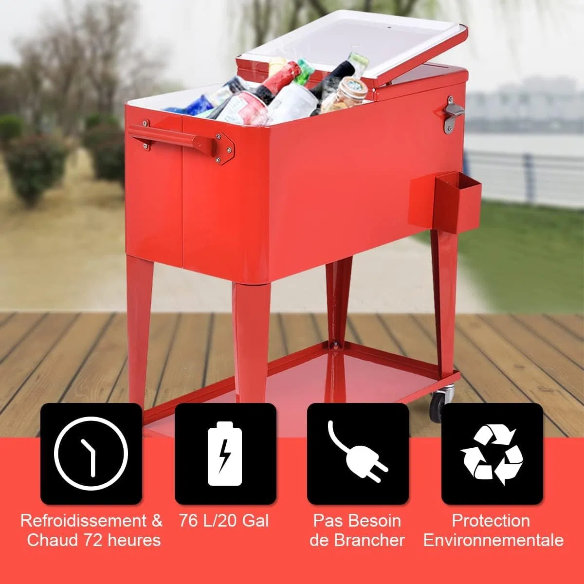 GOPLUS Carrito Nevera 76L, Nevera Portátil con Ruedas para Bebidas y Hielo, Bar Móvil con Sacacorchos y Estantes para Jardín Terraza Picnic Fiesta Exterior