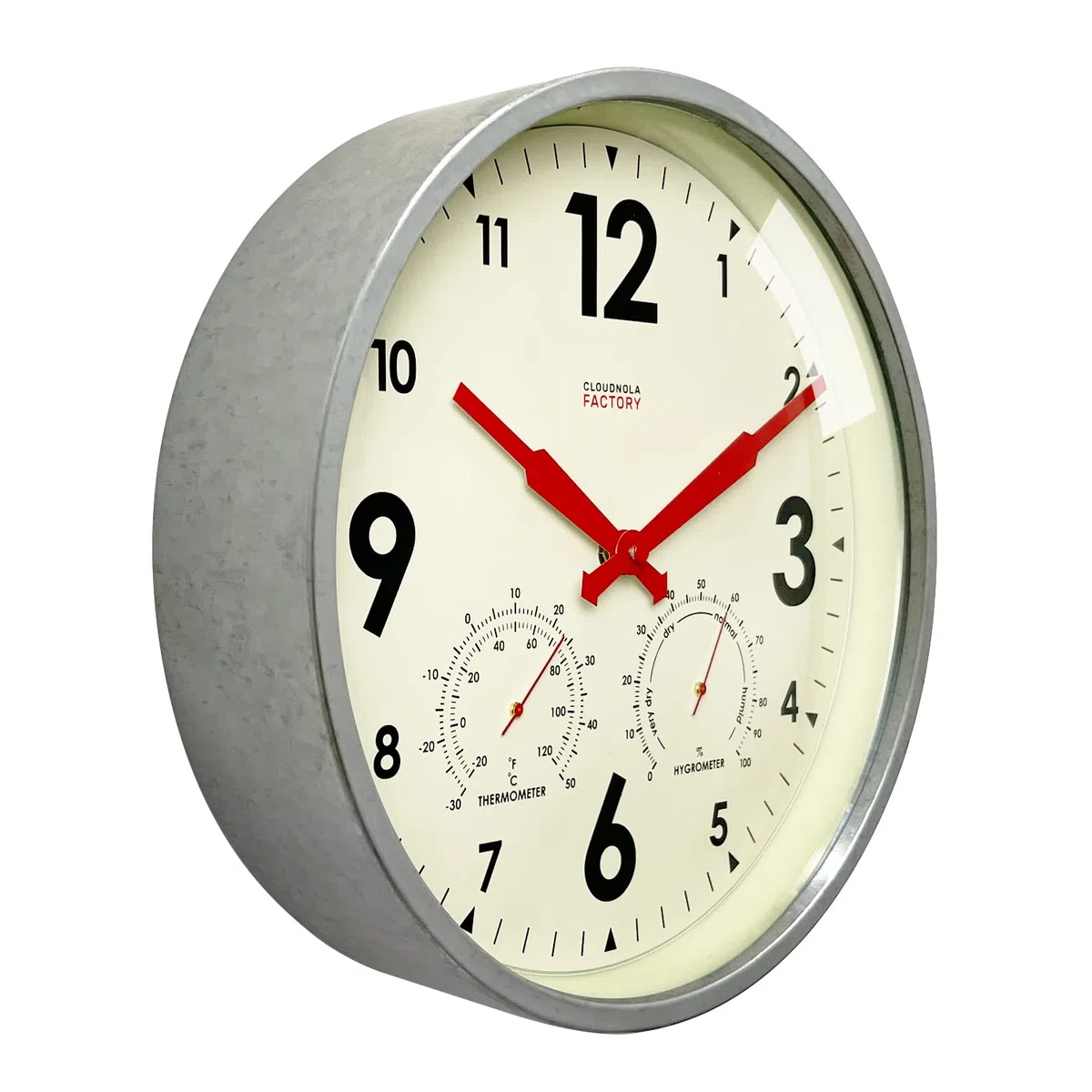 Cloudnola Reloj de pared de metal impermeable para interiores y exteriores con termómetro e higrómetro, gris zinc, reloj redondo silencioso de 18 pulgadas, funciona con pilas, para patio