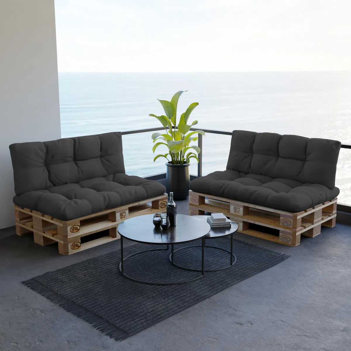 POKAR 2 Cojines para Europalés/Europalet Resistente al Agua: 1x Cojín-Asiento 120x80x12cm +1x Cojín-Respaldo 120x40x12cm, Espuma Fría, para Sofá de Paletas, sin Palés, Antracita