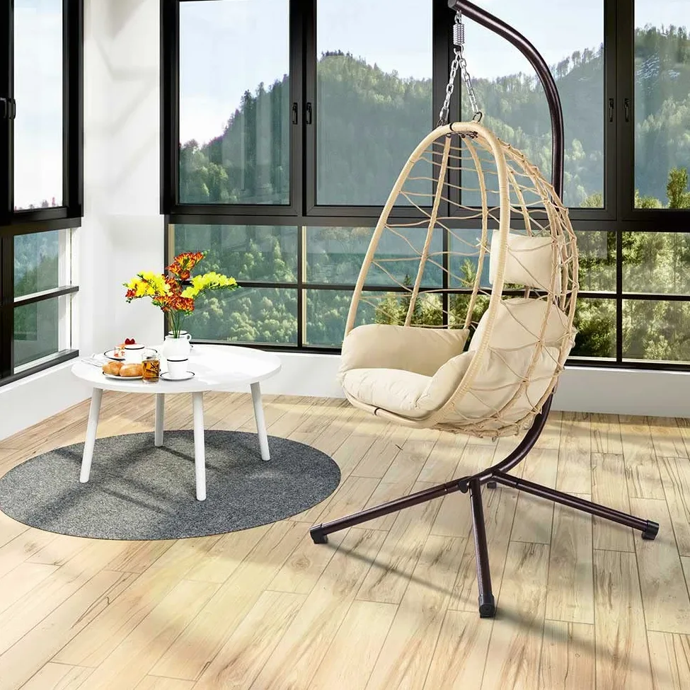 Bakaji Sillón Colgante de jardín, Silla Mecedora Hamaca para Exterior, Estructura de Metal Nido de ratán y Cuerda + cojín Asiento Acolchado y reposacabezas, diseño Moderno, 198 x 110 x 95 cm (Beige)