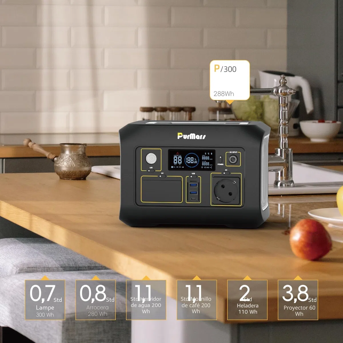 Estación de alimentación portátil, 300 W, máx. 500 W, 288 Wh, almacenamiento solar 230 V CA, USB-D60 W, linterna led, banco solar Lifepo4, para camping, viaje, casa, cortes de energía