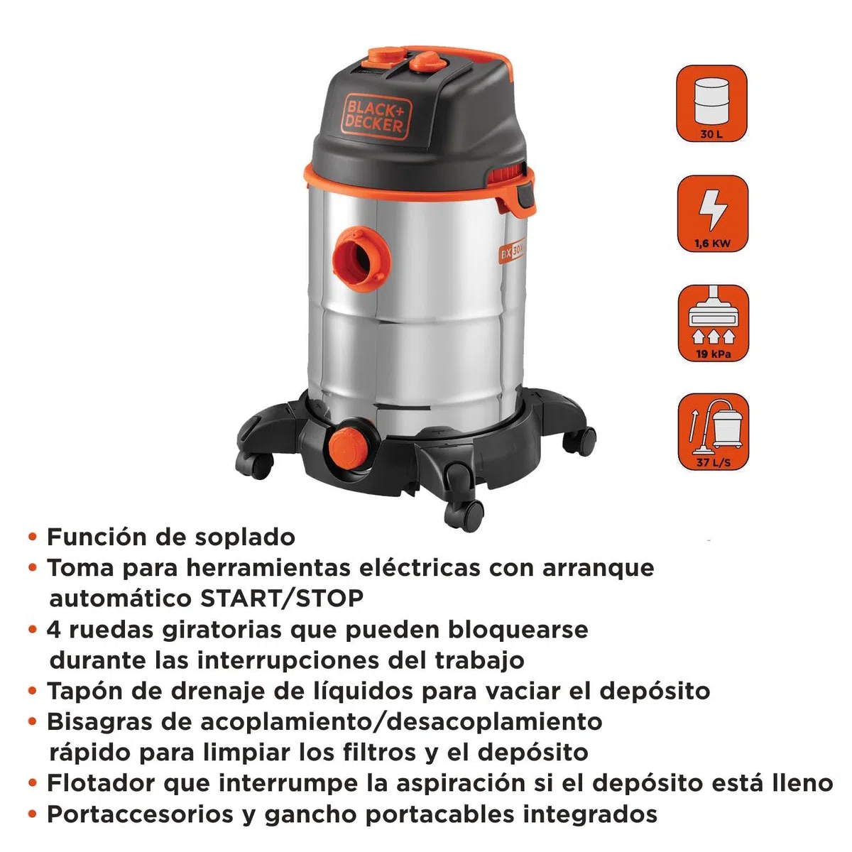 Black+Decker Aspirador Multiuso BXVC30XTDE de sólidos y líquidos con Toma para Herramientas eléctricas integrada (1600 W, 30 l)