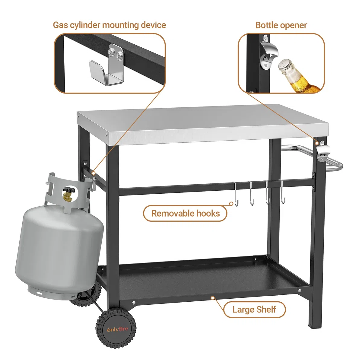 onlyfire Carro de Barbacoa, Carrito de jardín para Barbacoa, Superficie de Trabajo para Exterior, jardín （96 * 64 * 81cm）