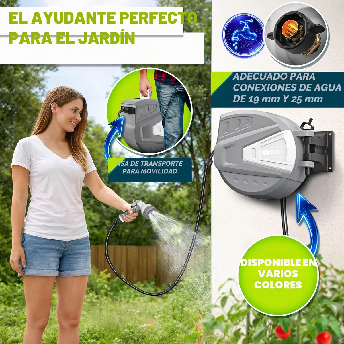 tillvex Carrete para Manguera de agua 20+2m con soporte de pared | Enrollador de manguera con pistola manual y manguera de jardín | Caja de manguera para pared con enrollado automático