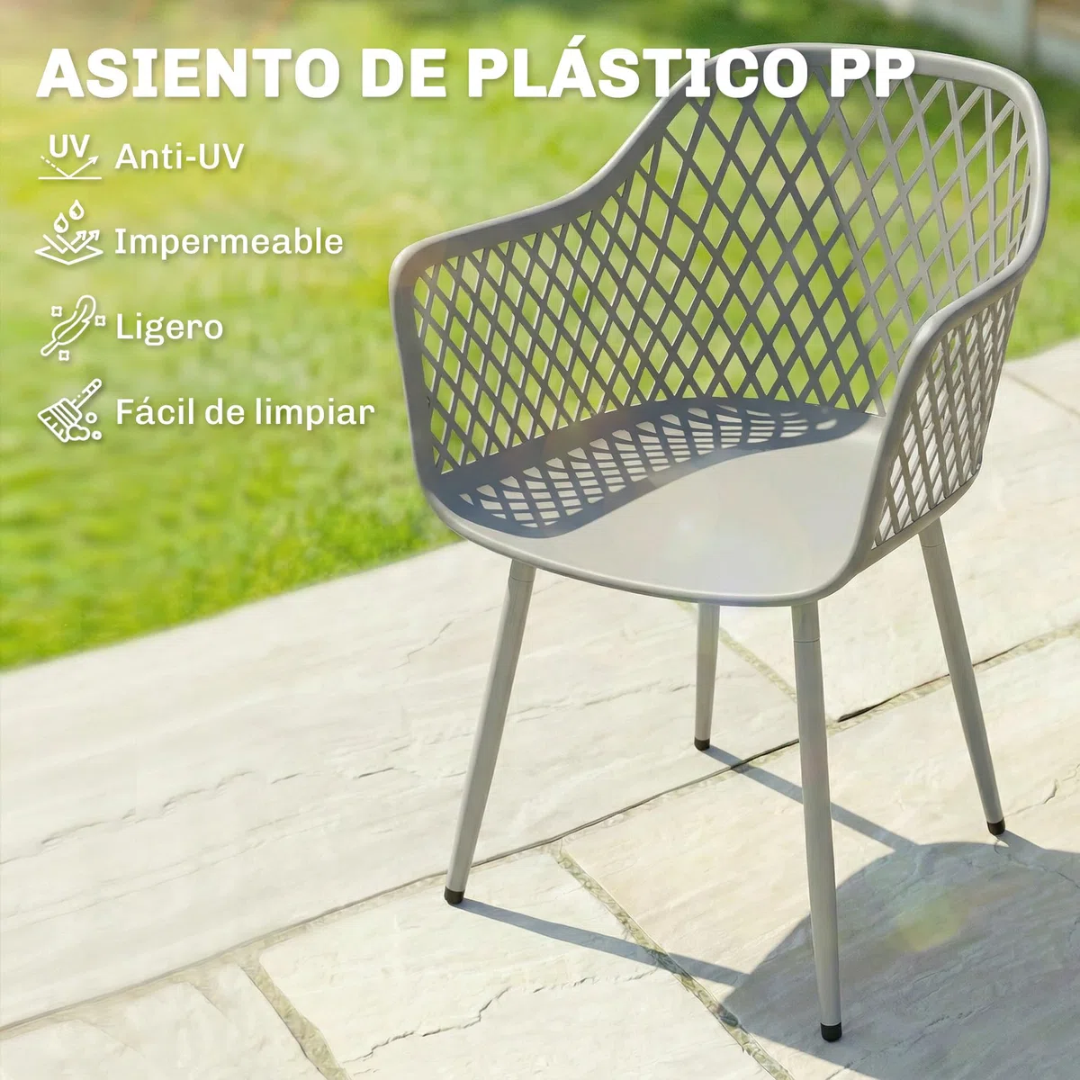Outsunny Juego de 4 Sillas de Jardín Exterior, Sillas Terraza Exterior con Respaldo Diamante, Asiento de PP Anti-UV, Reposabrazos y Patas Metálicas, para Terraza, Balcón, 56x51x84 cm, Gris