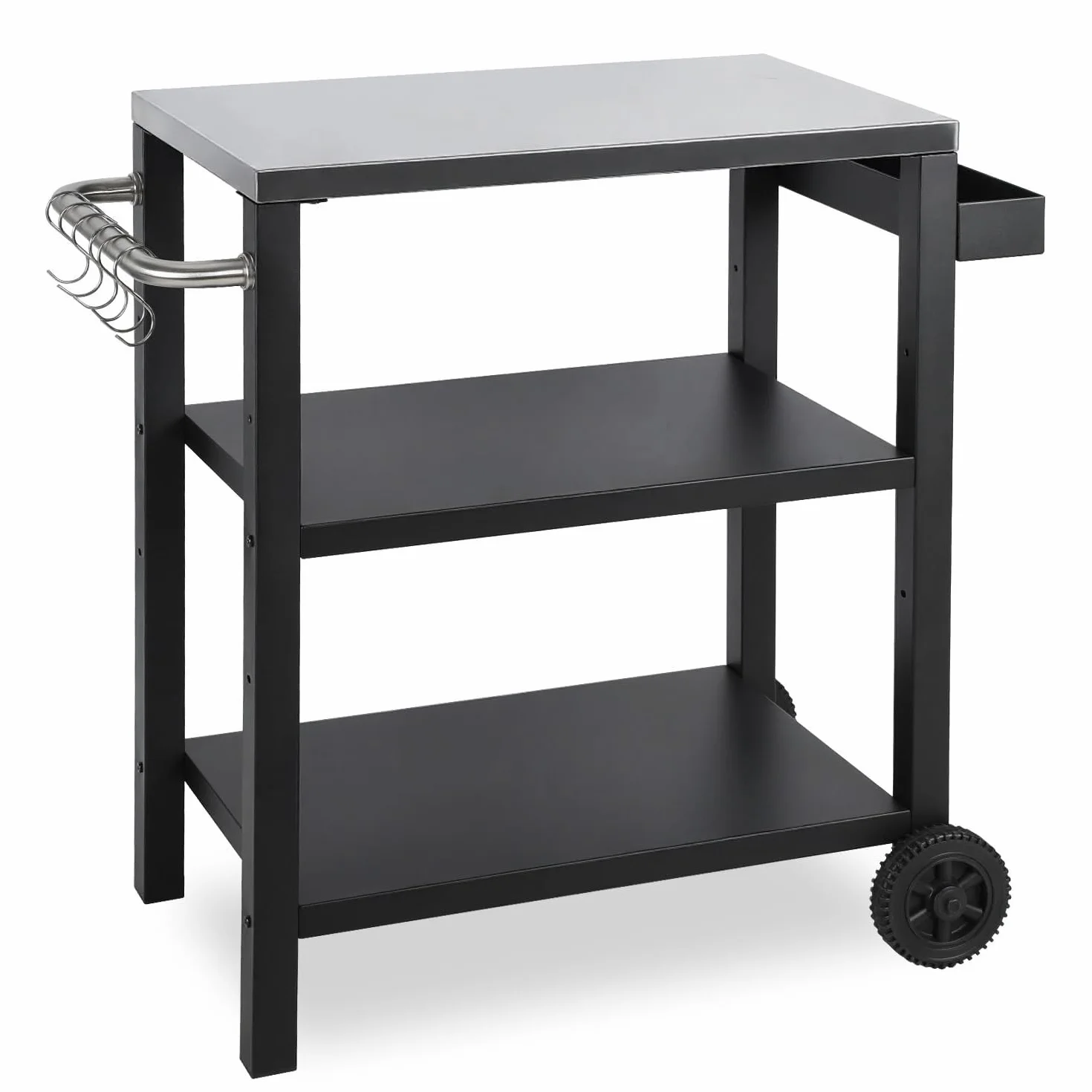 Carro de barbacoa regulable en altura, mesa de barbacoa con 3 estantes, 6 ganchos, asa y estante para especias, carrito de cocina al aire libre con ruedas, mesa de acero inoxidable para jardín