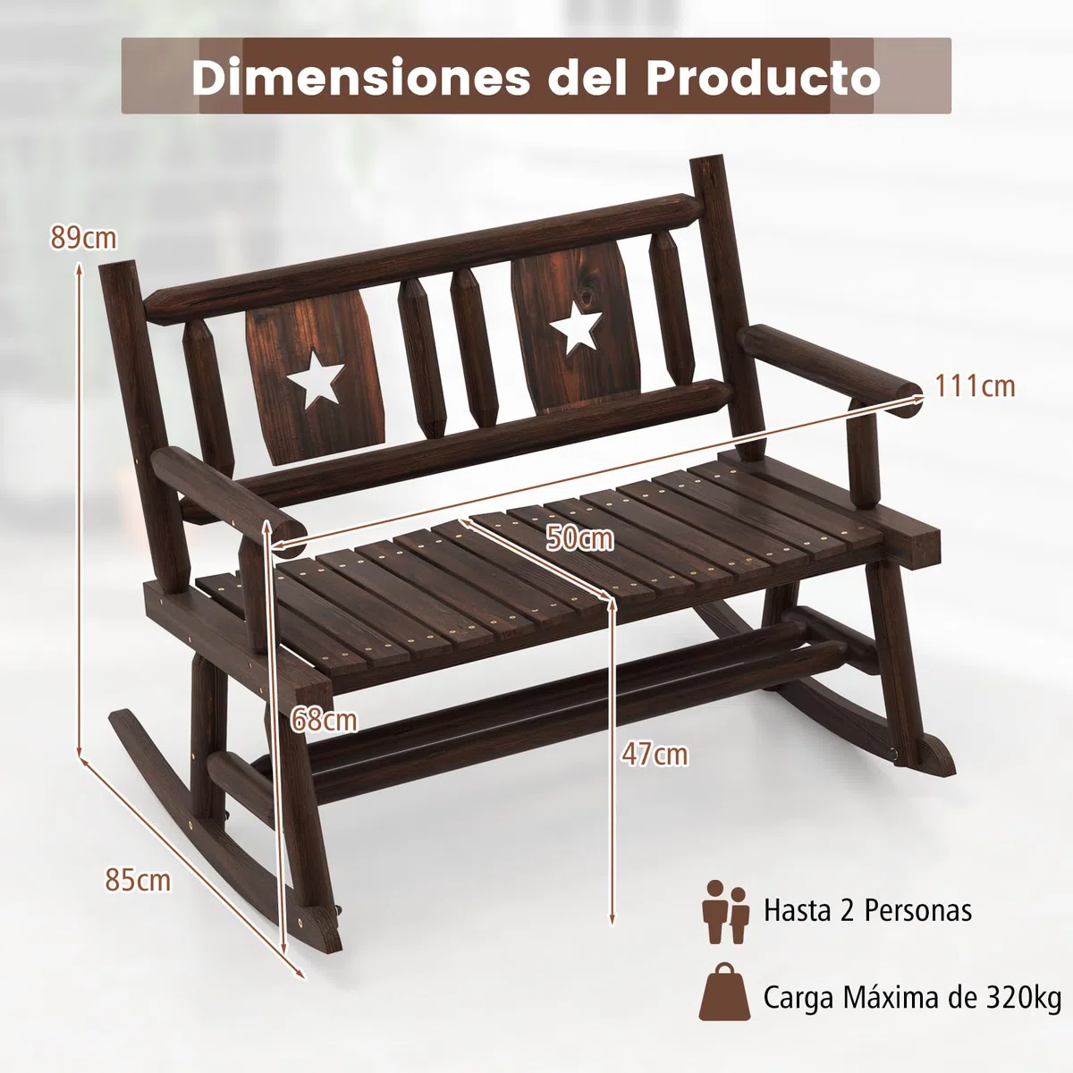 COSTWAY Banco Mecedora Jardin Exterior de 2 Plazas, Banco Madera Carbonizada con Respaldo y Reposabrazos, Banco Jardin Patio Terraza Porche, Carga 320 kg, 111 x 85 x 89 cm, Marrón Rústico