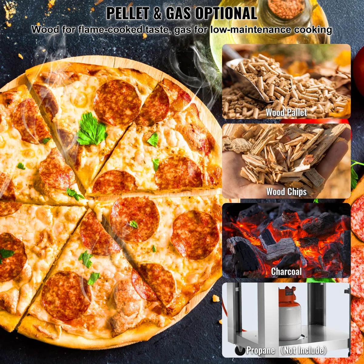 VEVOR Horno de Pizza de Combustible Dual para Uso al Aire Libre, Horno de Pizza para Exteriores Alimentado con Pellets y Gas con Piedra de Pizza de Cordierita Espesa, 1520 x 915 x 1830 mm, Plata