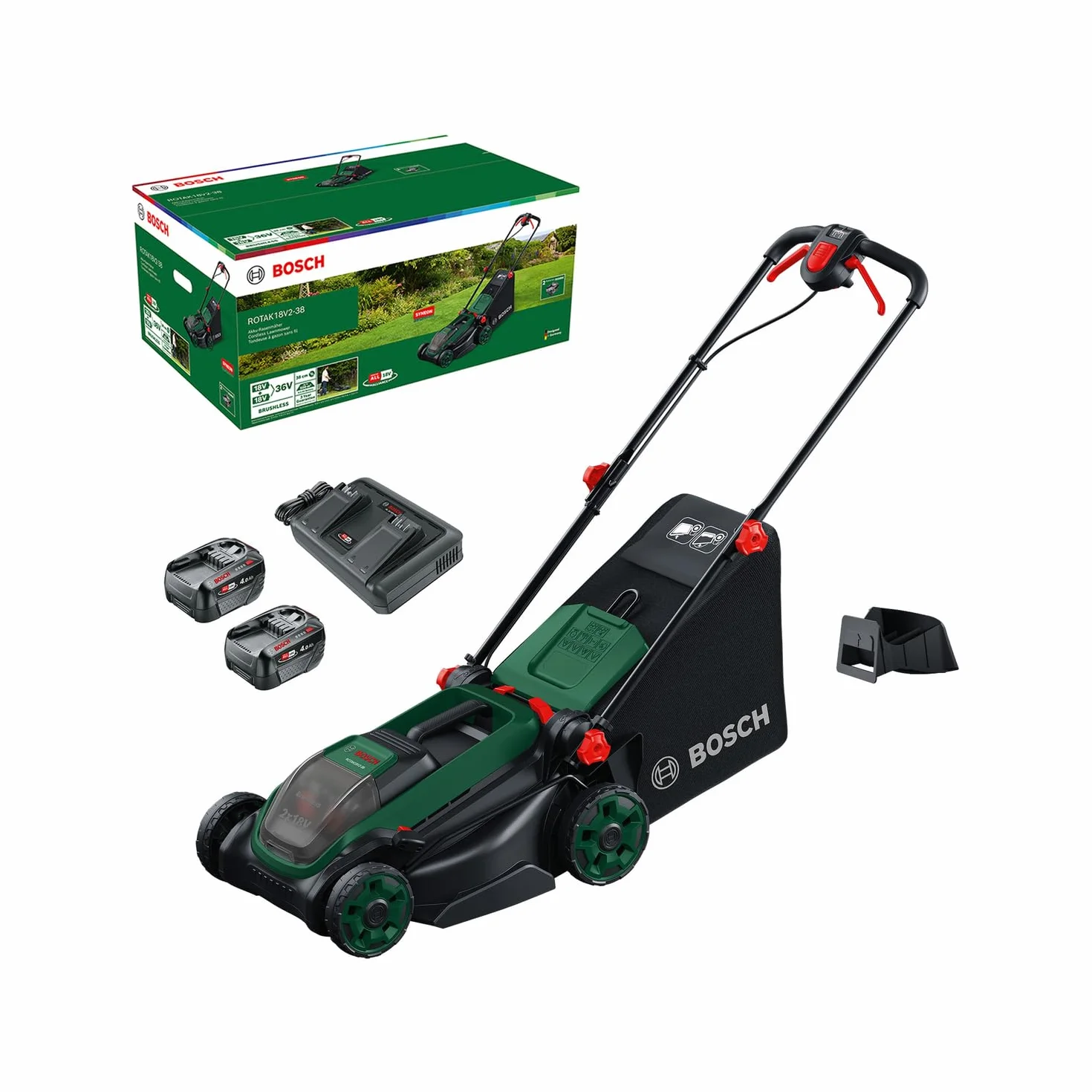 Bosch cortacésped a batería ROTAK18V2-38 (anchura de corte: 38 cm, altura de corte: 30-75 mm, cesto de tela de 40 l, tapón para triturado, incluye 2 baterías de 18V y cargador)
