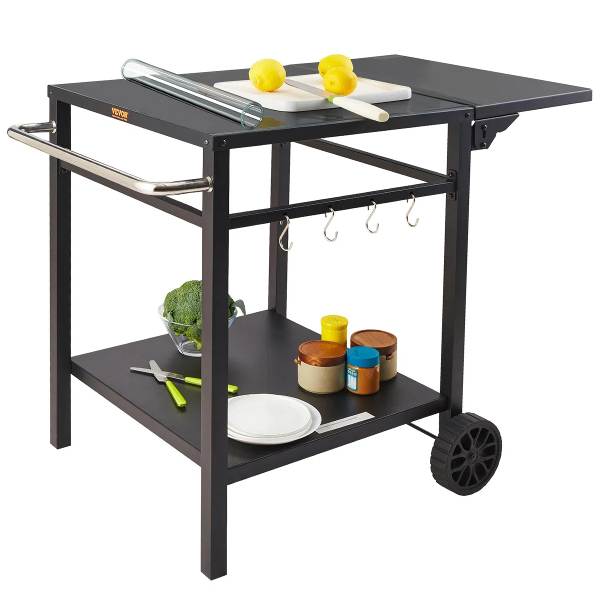 VEVOR Carrito de Comedor para Barbacoa al Aire Libre con Estante Doble, Mesa Móvil de Preparación de Alimentos para Barbacoa, Mesa de Hierro Plegable Multifuncional, Carros Modulares para Exteriores