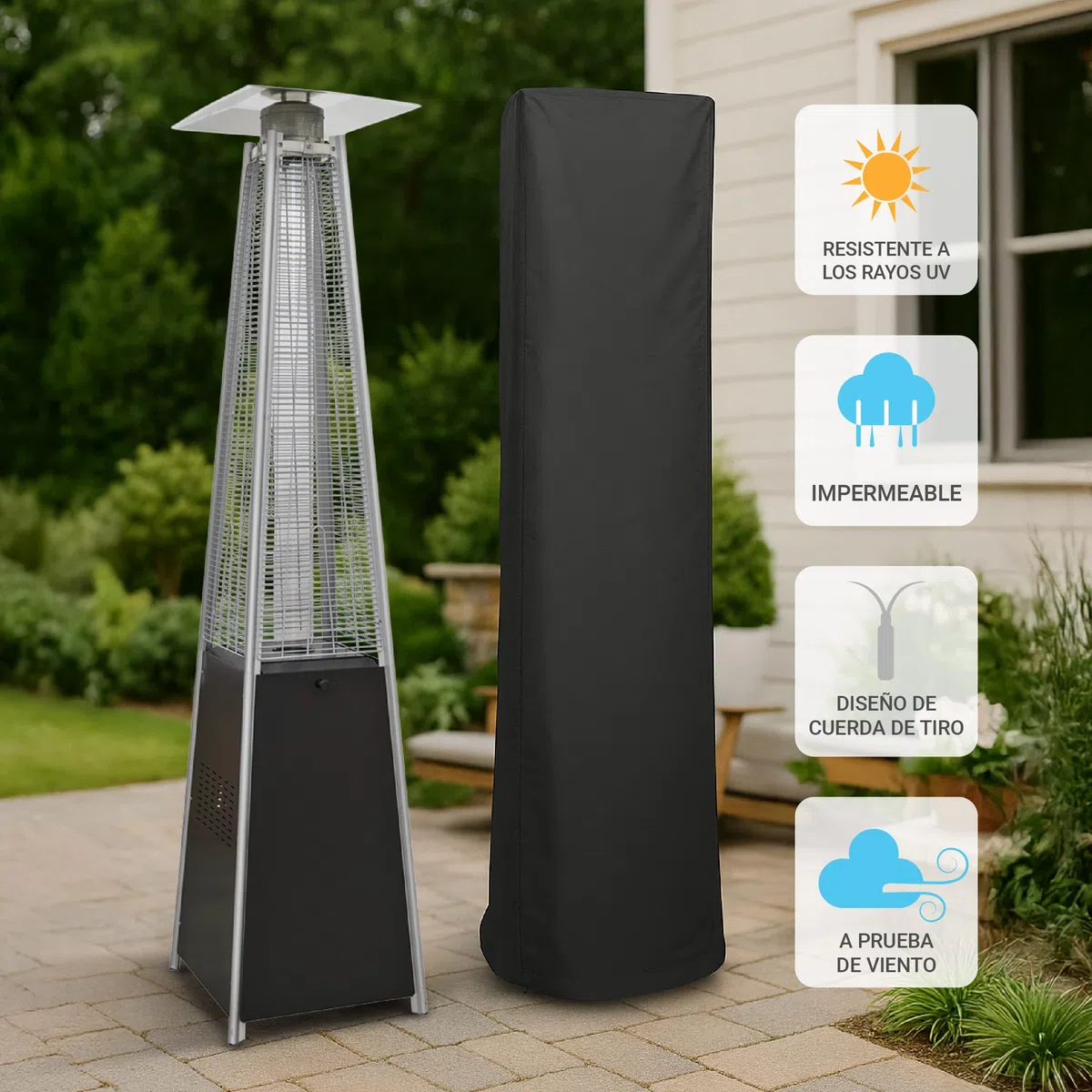 BU-KO Calentador Patio a Gas para Exterior | Jardín, Terraza, Barbacoa | Estufa Piramidal al Propano - 13kw | Ruedas, Regulador y Manguera | Chimenea Acero Inoxidable para LPG & Cubierta Impermeable