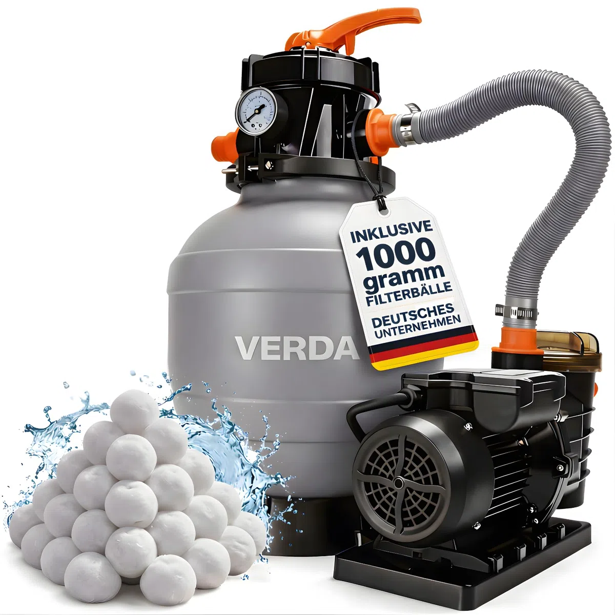 VERDA Depuradora de arena para piscinas de hasta 50.000 l, 13.200 l/h, 550 W, bomba con filtro de arena y 1000 g de bolas filtrantes, altura de elevación de 10 m, conexión de 38 mm, SN5883