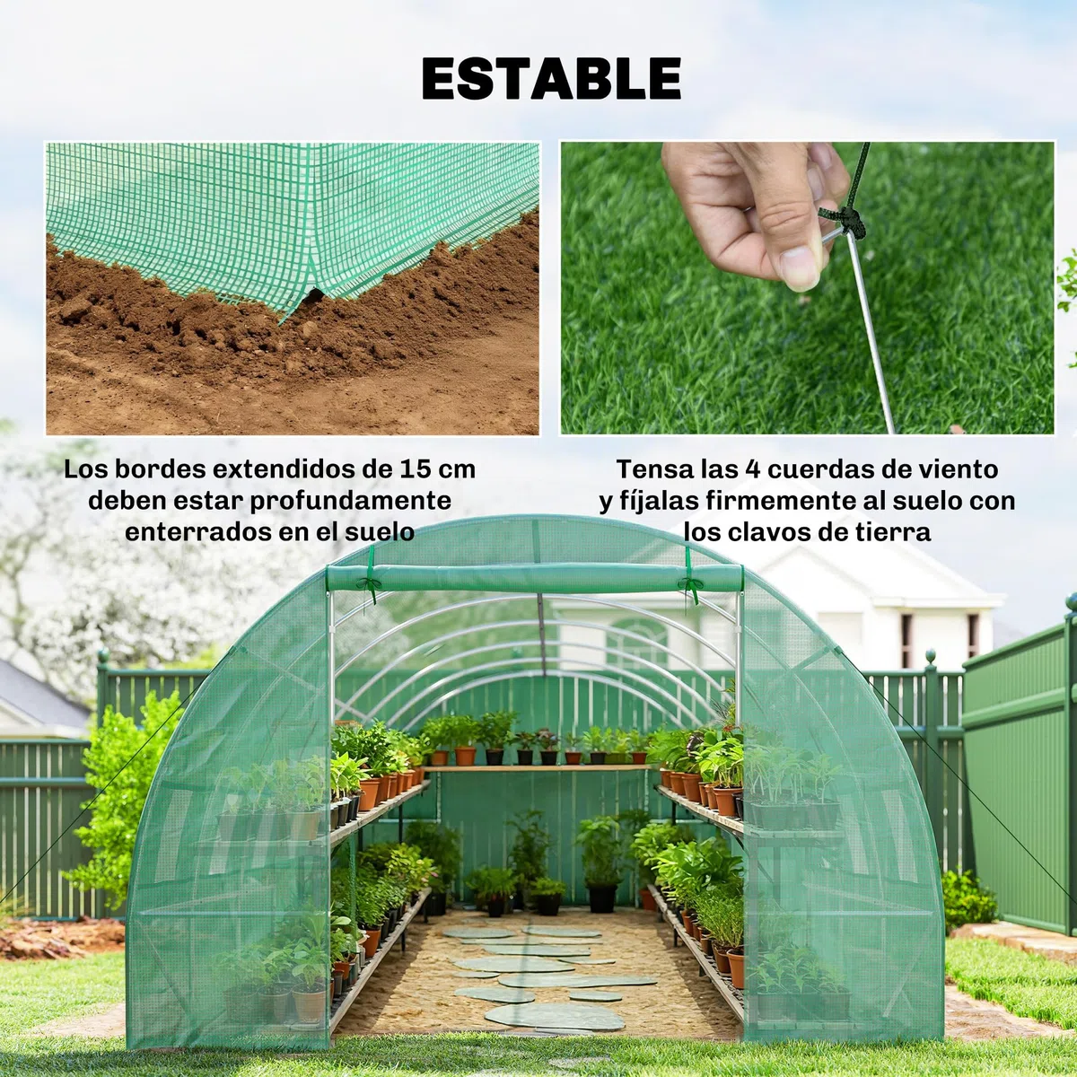 Outsunny Invernadero de Exterior Invernadero de Túnel 8x3x2 m Invernadero de Jardín con 12 Ventanas y Puerta Enrollable para Cultivo Plantas Tomates Verduras Acero y PE 140 g/m² Verde