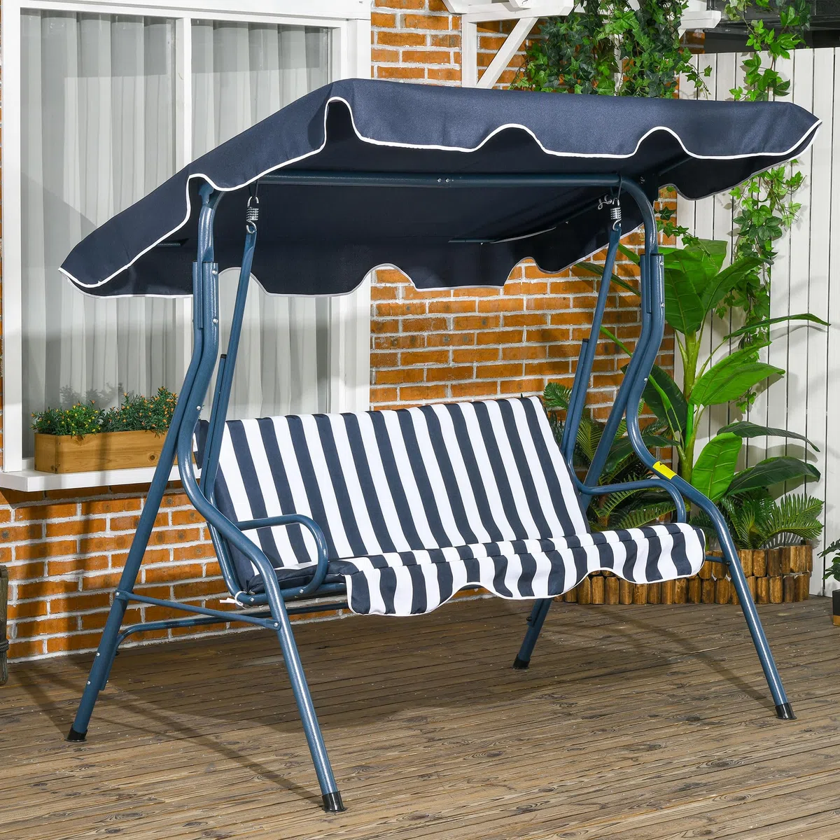 Outsunny Columpio de Jardín de 2-3 Plazas, Balancín de Exterior con Toldo Ajustable en Ángulo, Impermeable y Marco de Acero, para Patio, Balcón, 170x110x153 cm, Azul