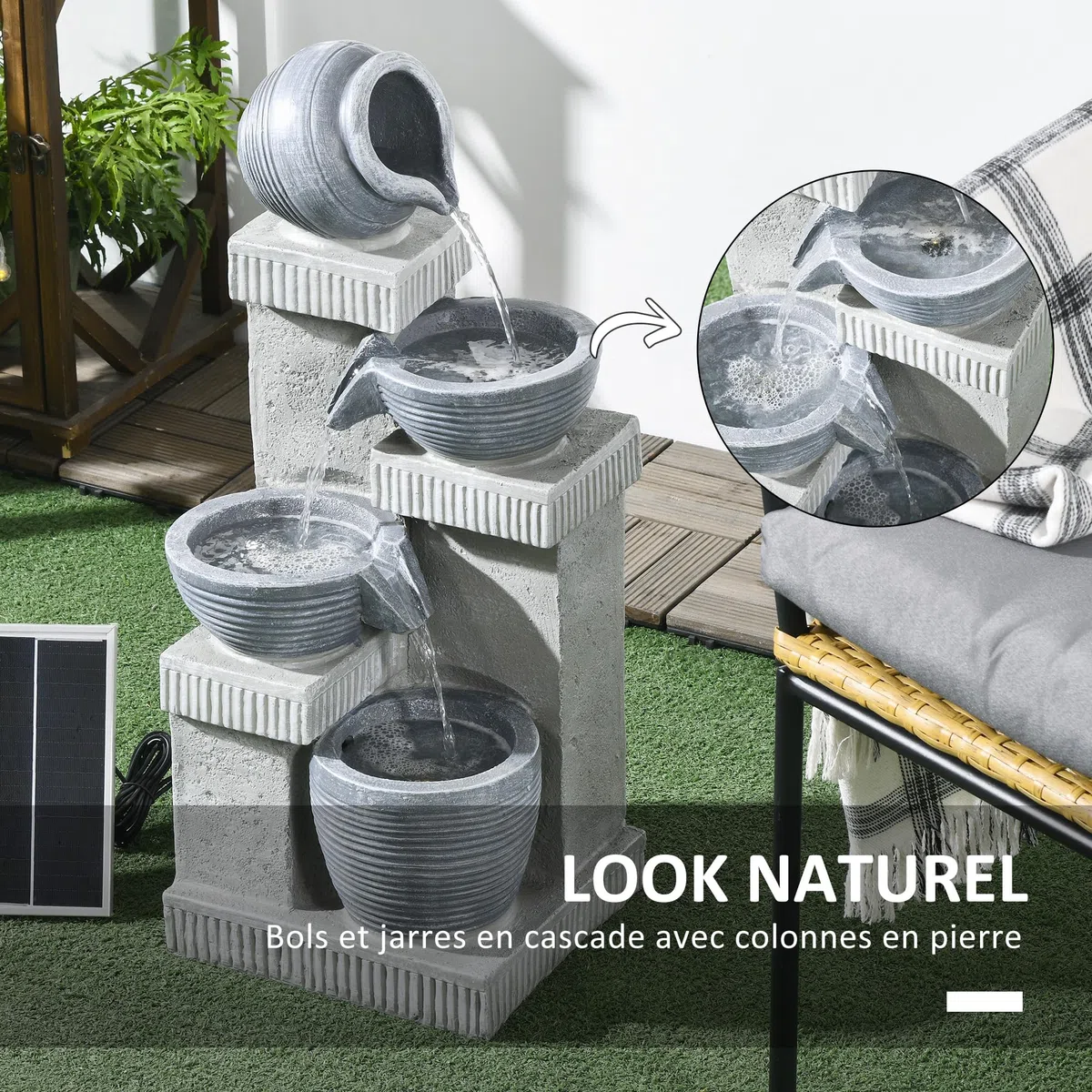 Outsunny - Fuente de jardín con energía solar para cascada de resina de 4 niveles con luces LED y bomba dim. 30 x 26 x 67 cm, color gris