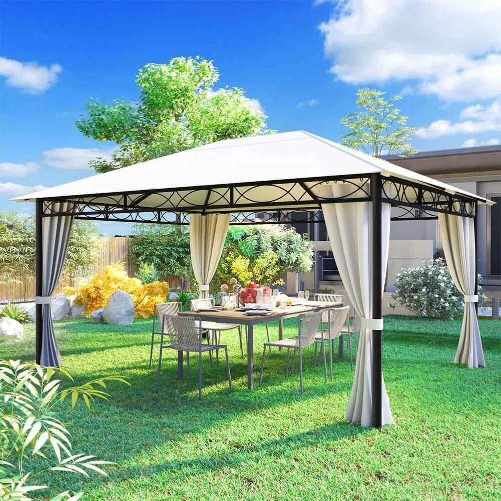 BAKAJI Cenador de jardín de 3 x 4 m, color beige de metal robusto con cortinas, cierre de cremallera, ideal para exteriores, lona impermeable, estructura tubular de hierro, diseño elegante (3x4 mt)