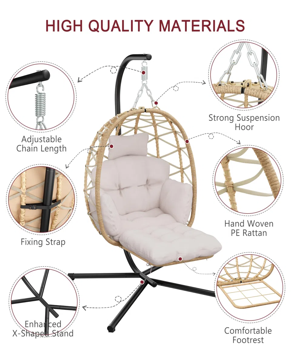 Silla colgante con estructura, reposapiés, silla colgante, en ratán para interiores y exteriores, columpio colgante para jardín, terraza, cuarto de niños, rincón de lectura, hasta 150 kg