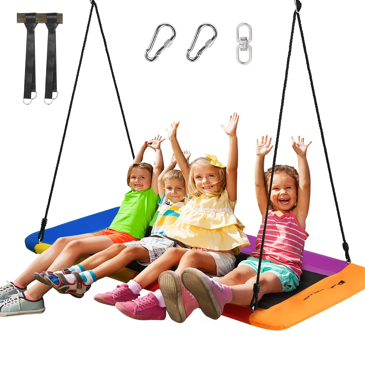 GOPLUS Columpio Rectangular Suspendido al Aire Libre, Nido de Pájaro de Cuerdas Ajustables 100-180CM, Asiento Suspendido al Aire Libre para Niños, hasta 315 KG,150 x 80CM (Multicolor)