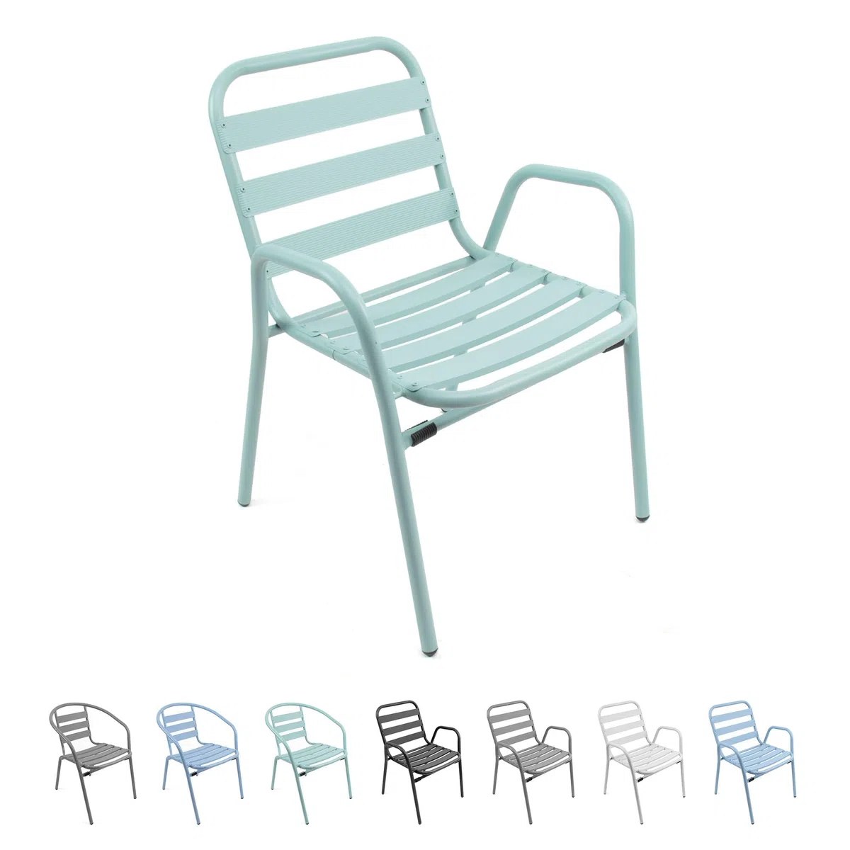 THE SECRET HOME - Silla de Aluminio con Reposabrazos para Jardín - Alto 76 cm x Largo 56 cm x Ancho 48 cm - Color Verde Claro - Asiento Apilable de Exterior para Balcón, Terraza y Jardín