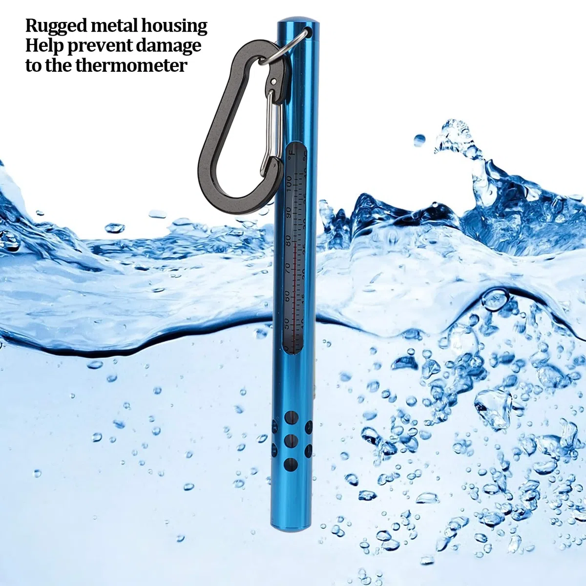 Termómetro de agua para pesca con mosca con mosquetón para medir la temperatura de la corriente, herramienta de pesca de bolsillo (Azul)