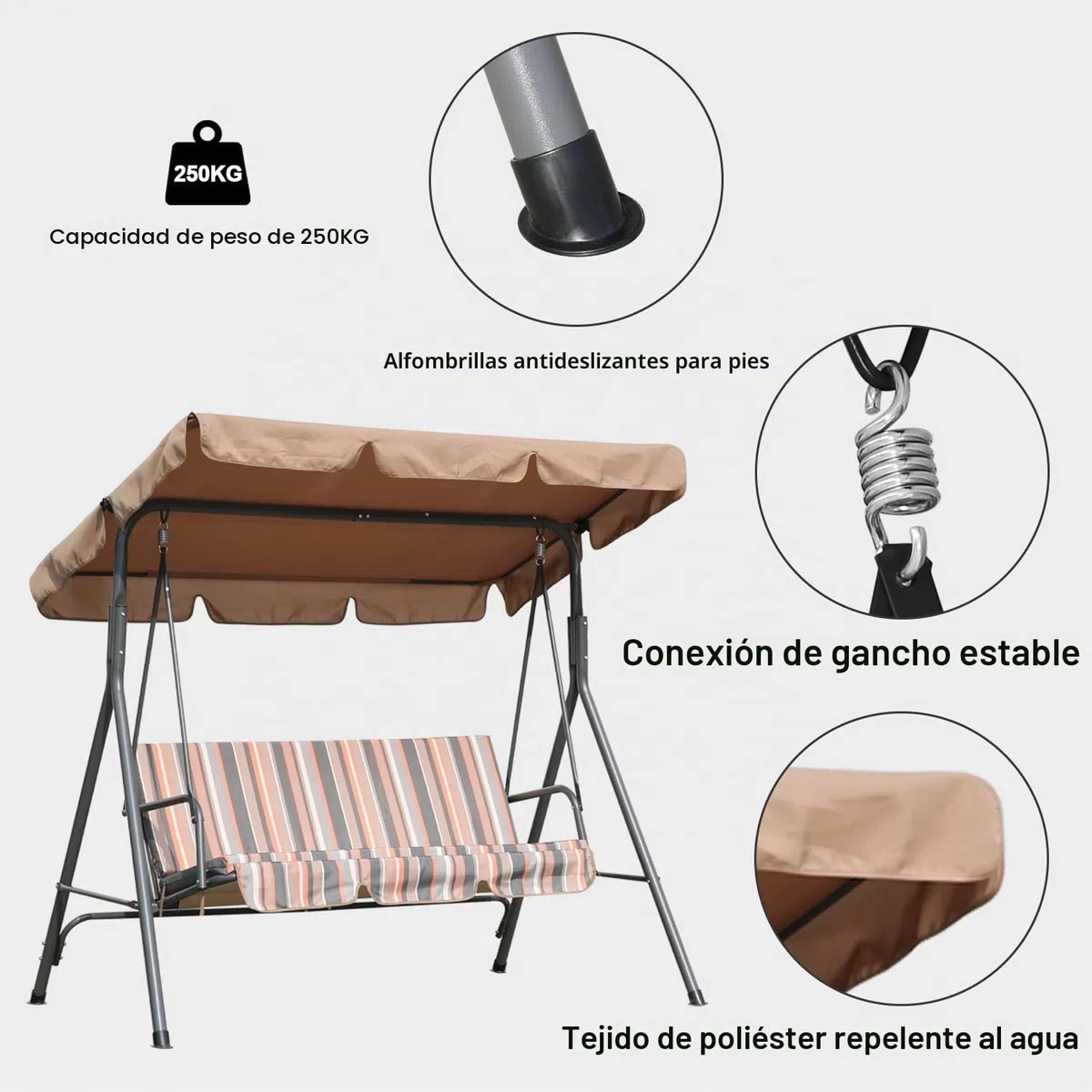 Angel Living Columpio de Jardín de Metal con Parasol Balancín de 3 Asientos con Cojín y Techo Ajustable para Terrza Balcón Exterior Acero Máx. 240kg - 169x110x151cm (Caqui)
