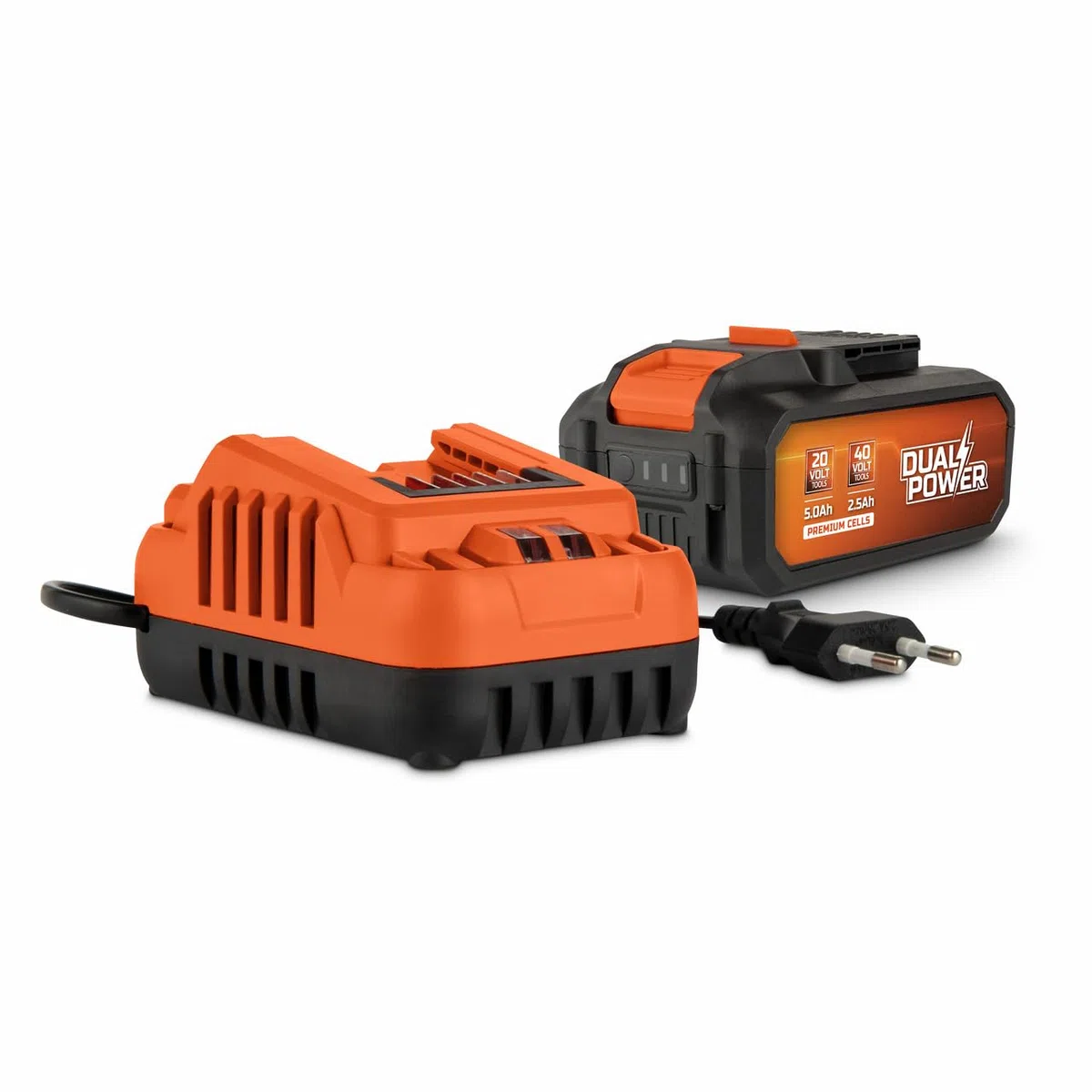 POWERPLUS - Juego de batería y cargador de doble potencia POWDP90640-2x20V, 5.0Ah, 2.5Ah batería - para herramientas de 20 V y 40V - Cargador de 2 A - para baterías de 20 V y 2 x 20 V - Para